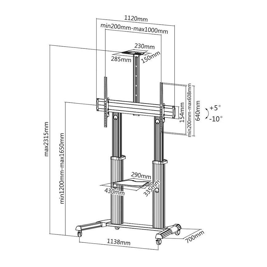 Mbajtëse me Rrota për TV ROLINE 17.03.1261 / 60"-100" / 100kg / Motorike / Rregullim Lartësie 1200-1650mm / Tilt +5° deri -10° - Argjend - 2