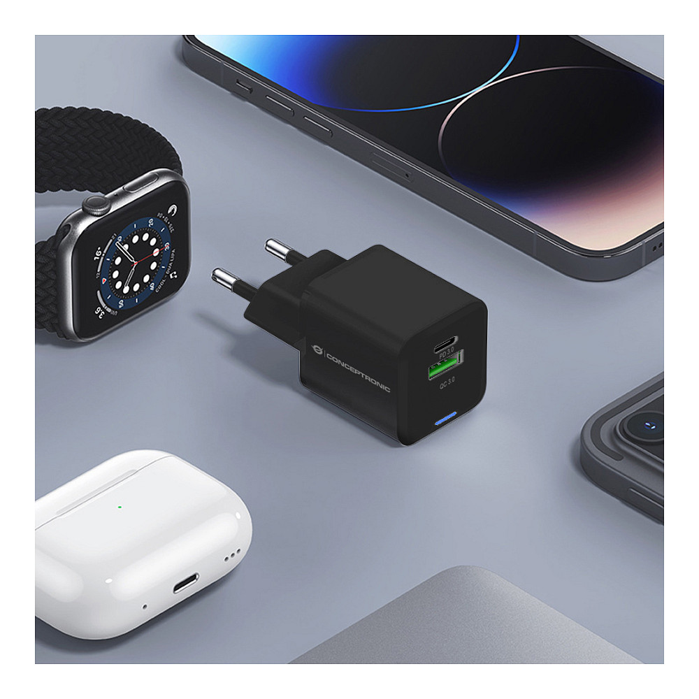Adapter  Conceptronic 2-Port GaN Charger  USB-C / USB-A / 20W / PD 3.0 / PPS – Zezë - 13