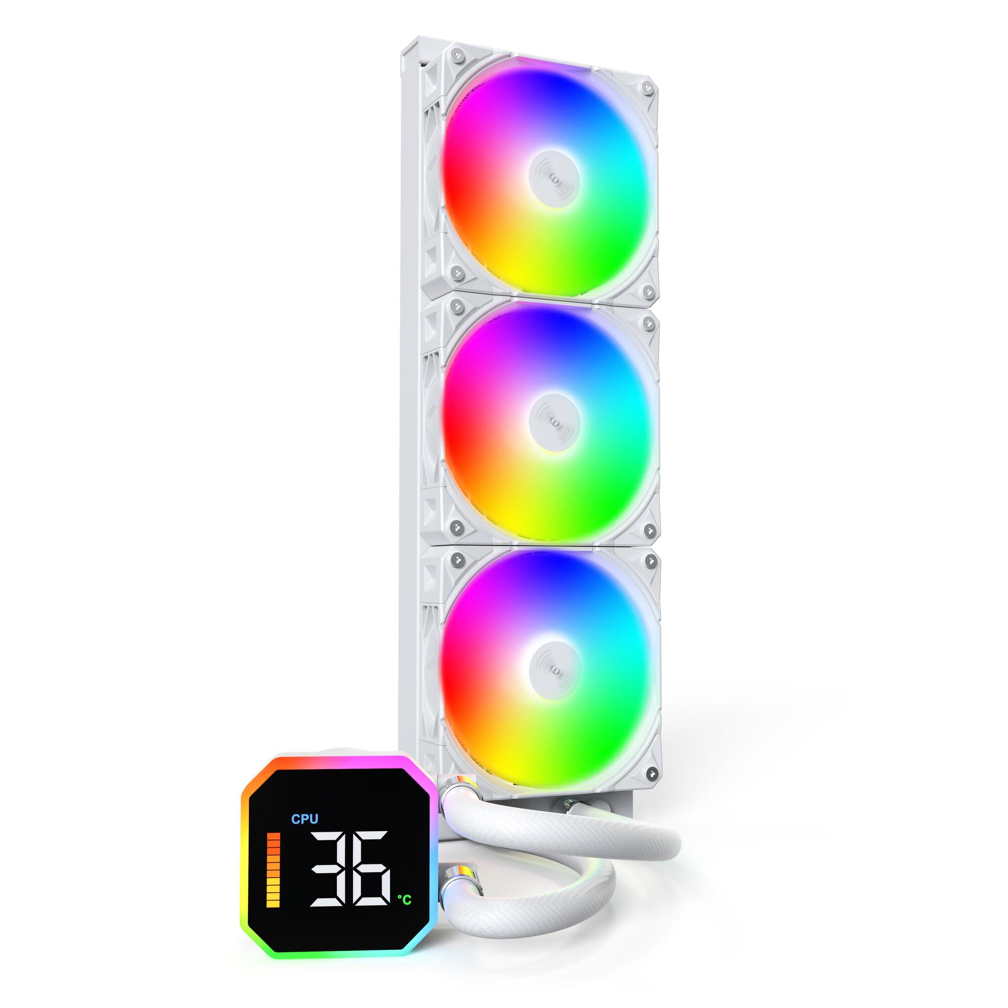 Ftohës me ujë për procesor Montech HyperFlow Digital 360 / 360mm / 3x 120mm ARGB Fan / 800-2200 RPM / Digital Display – Bardhë