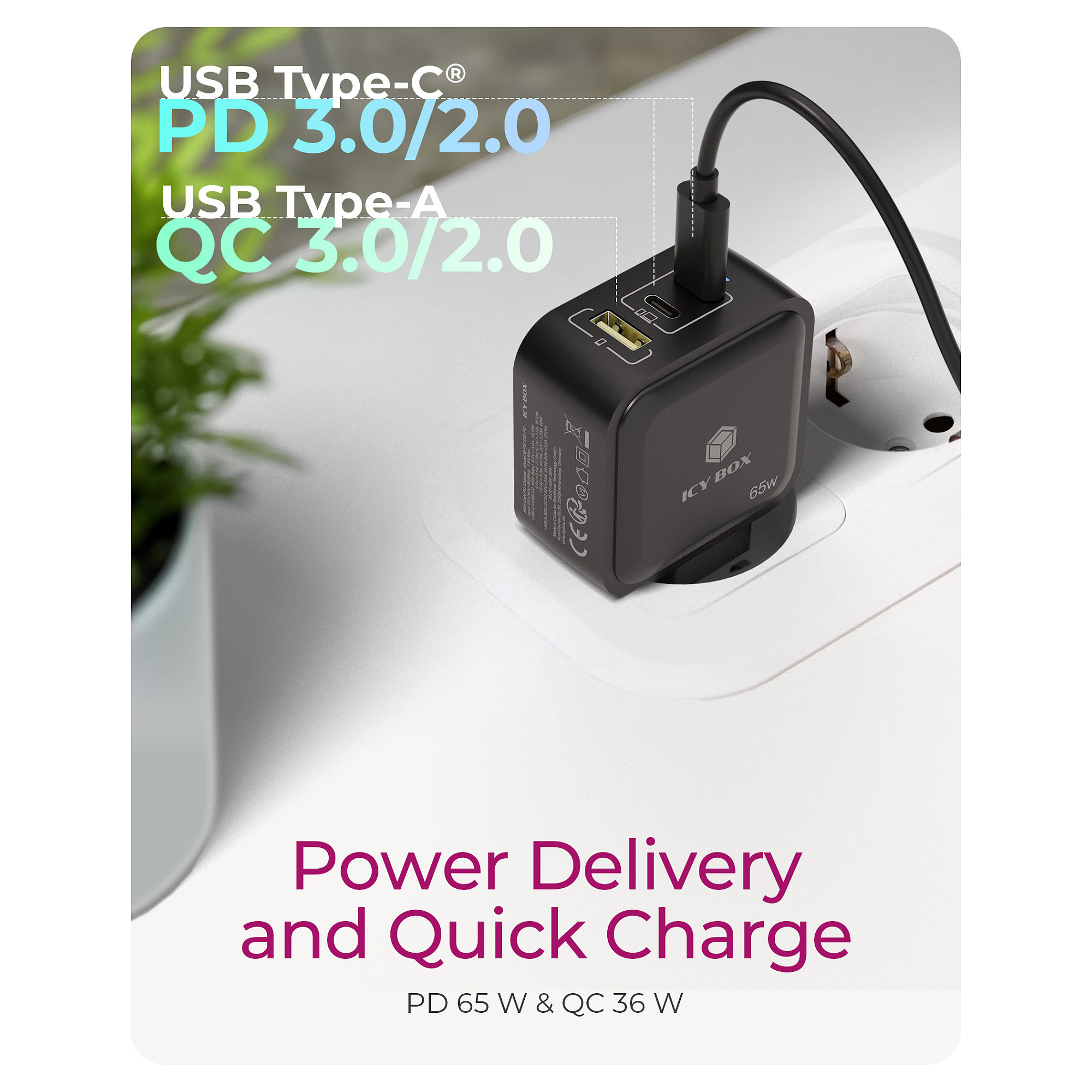 Adapter GaN IcyBox 3‑Port / 65W / PD 3.0 - Zezë - 5