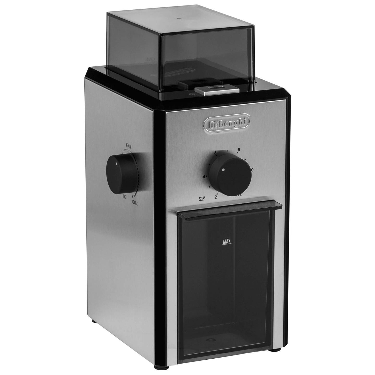 Mulli për Kafe De'Longhi KG 89, 110 W, Kapacitet 120 g, Rregullim i Bluarjes, Deri në 12 Filxhanë – Argjend