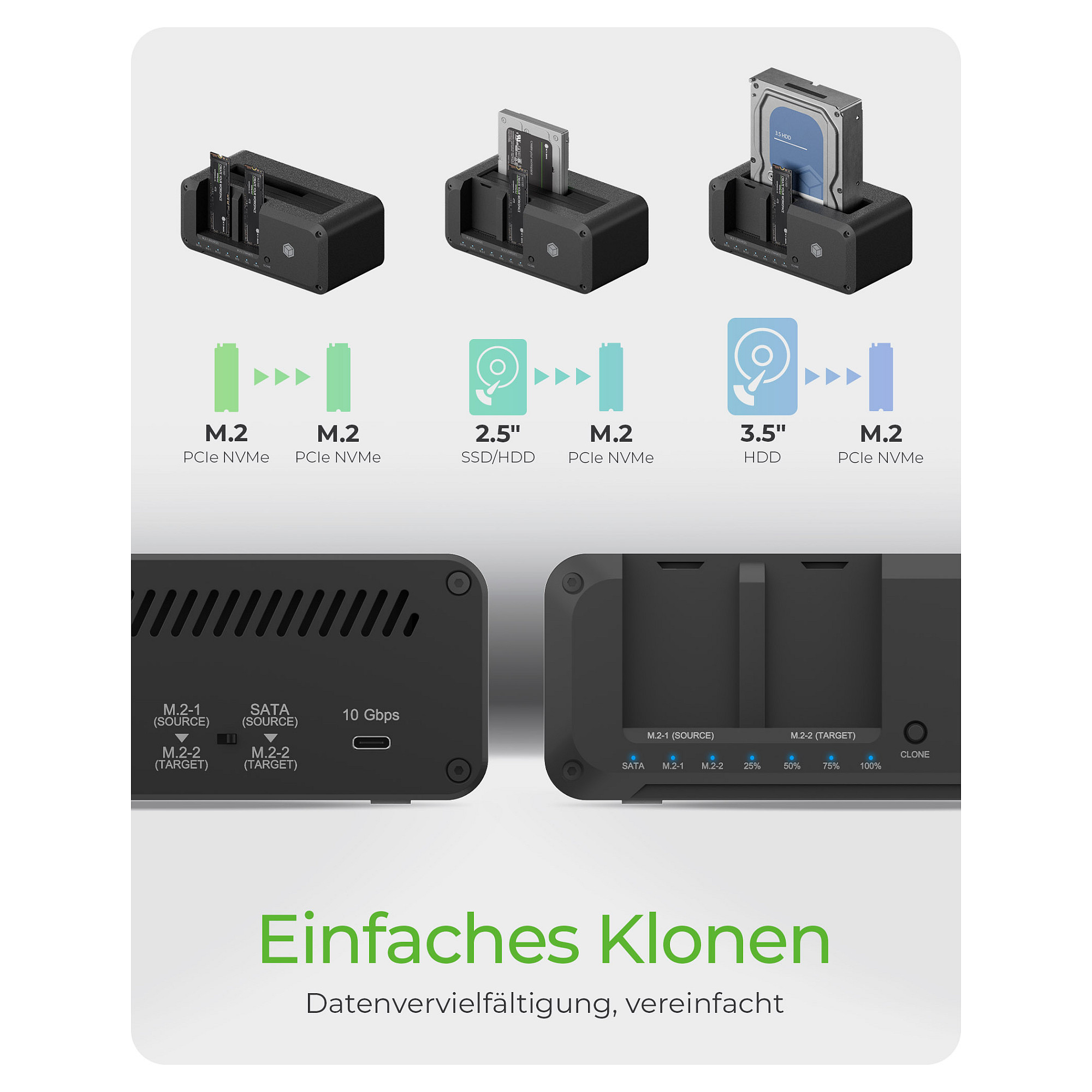 ICY BOX IB-2924MSCL-C31 USB-C 3.2 Klon- und DockingStation für 2.5"/3.5" SATA HDD und M.2 NVMe SSD - 2