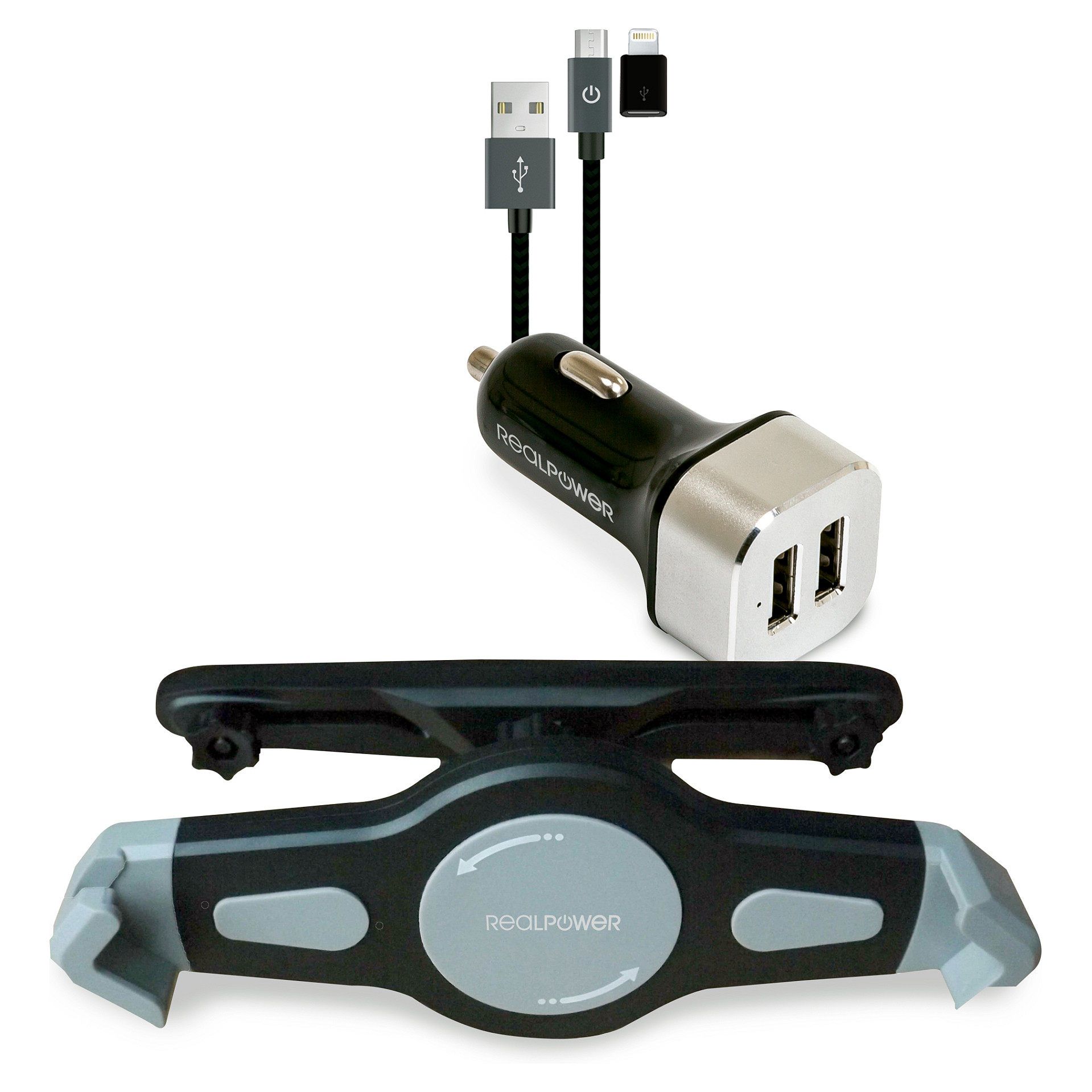 Adapter telefoni për veturë RealPower 168188 / 2x USB / 2.1A / Mbajtëse për tabletë / Kabllo 3-në-1 - Zezë/Argjend