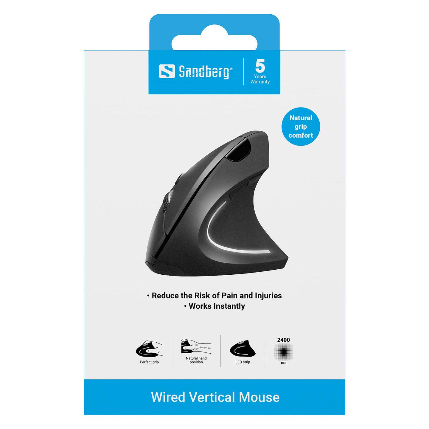 Maus me Kabllo Sandberg 630-14, Ergonomik Vertikal, USB-A, 800–2400 DPI, 6 Butona – Zezë - 8