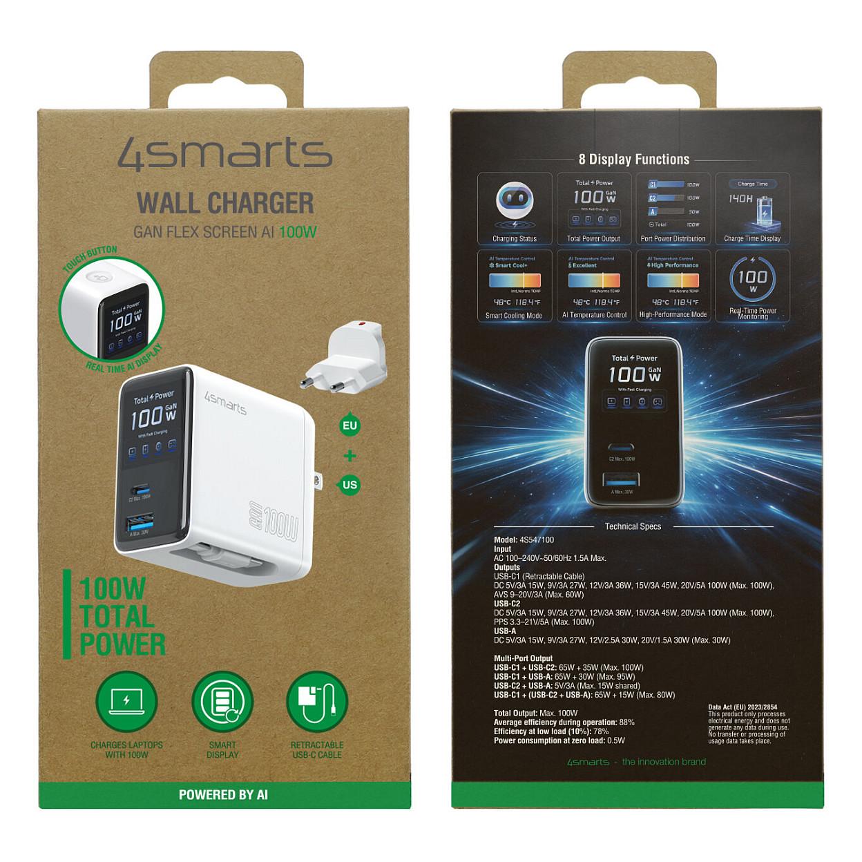 Adapter 4smarts GaN Flex Screen AI / 100W / 2x USB-C + USB-A / PD / PPS / Ekran Inteligjent - Bardhë - 18