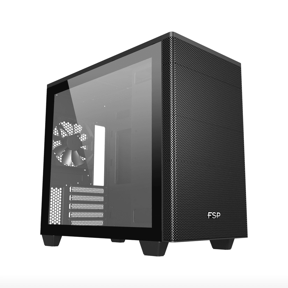 Kasë FSP CST360 B / Micro-ATX Mini-Tower / 2x120mm (1×Para + 1×Prapa) / USB 3.0 + Type-C / Xham i Temperuar + Panel Mesh – Zezë