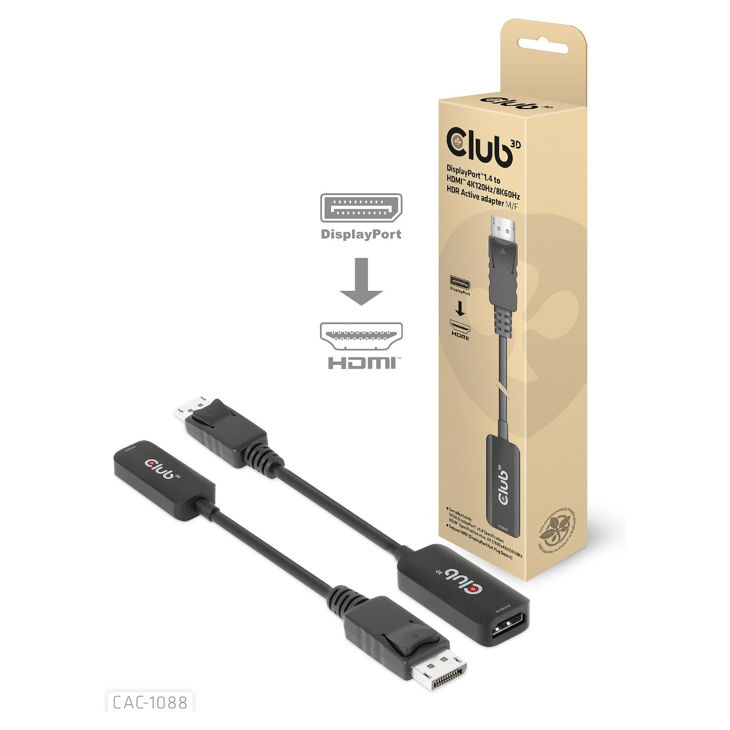 Kabllo DisplayPort Club 3D CAC-1088 / DisplayPort 1.4 në HDMI 2.1 / 0.21m / 8K 60Hz / 4K 120Hz / HDR - Zezë - 6