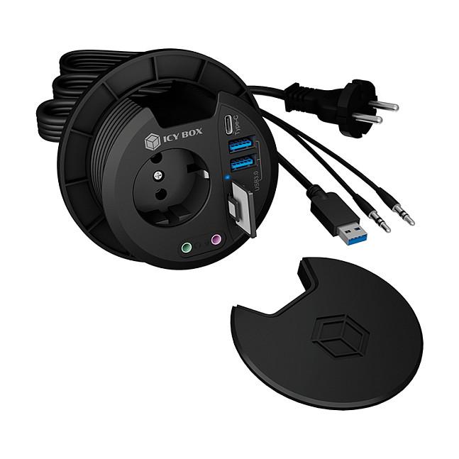 Hubs ICY BOX IB-HUB1430-CR, USB 3.2 Gen 1, 2x USB-A, 1x USB-C, SD/microSD, Audio 3,5mm, Prizë 230V - Zezë