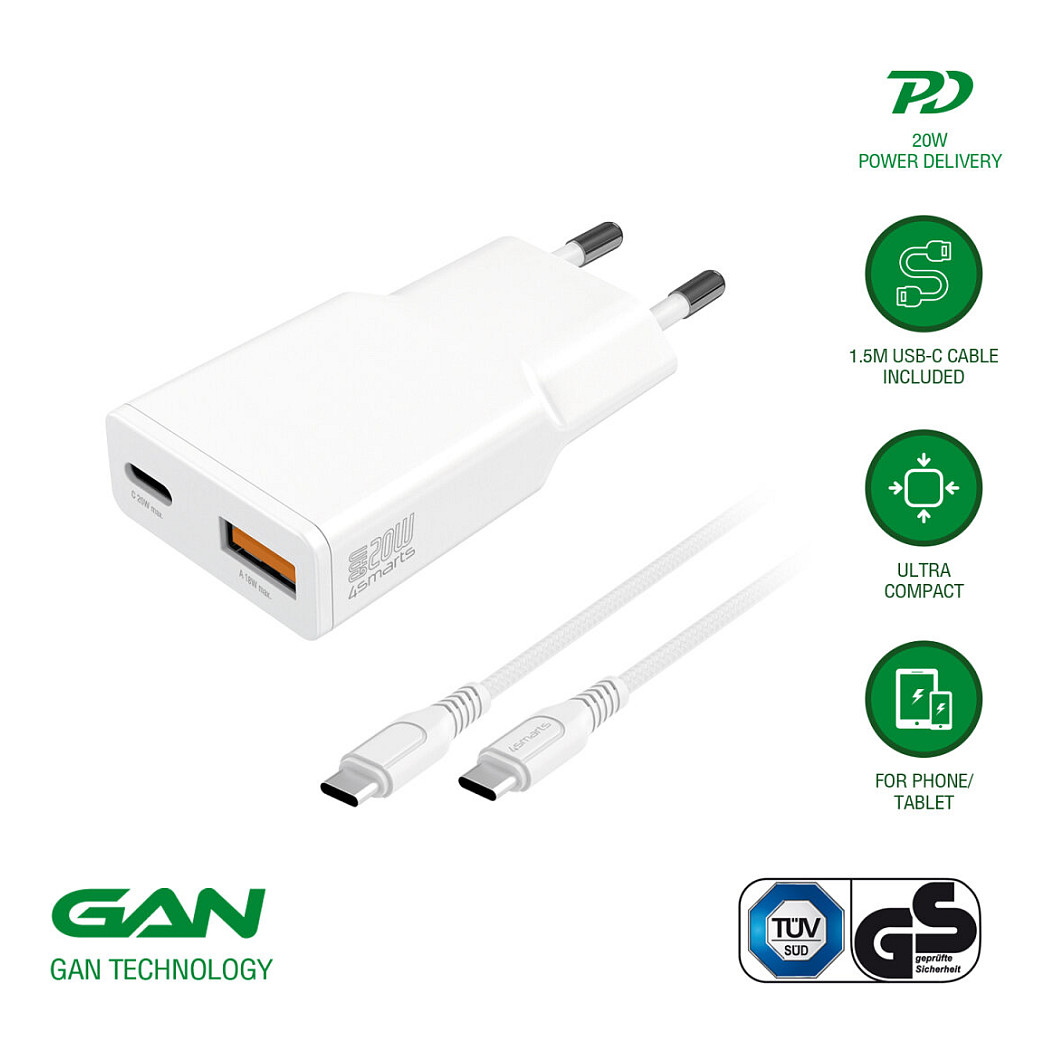 Adapter 4smarts PDPlug Duos Slim Charger 20W GaN, USB-C/A Output + USB-C Cable - Bardhë - 5