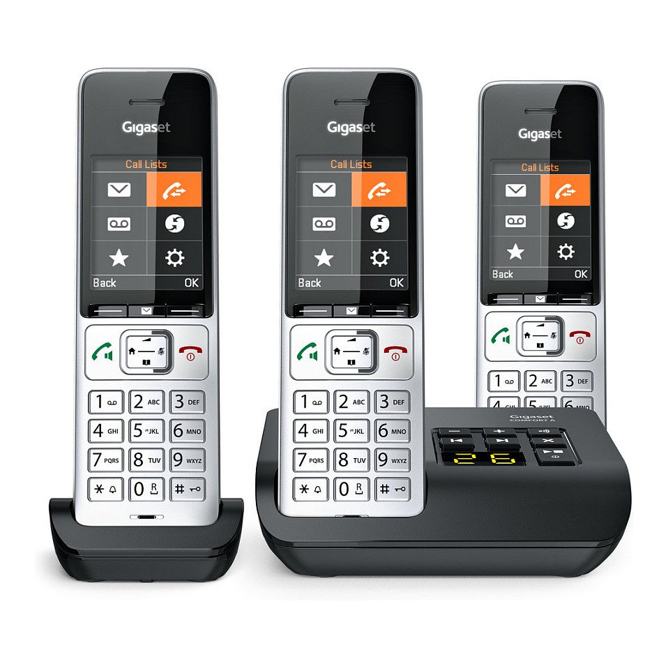 Telefon i thjeshtë Gigaset COMFORT 500A Trio / 2.2" / DECT & Hands-Free / 3 Aparatë - Zezë/Argjendtë