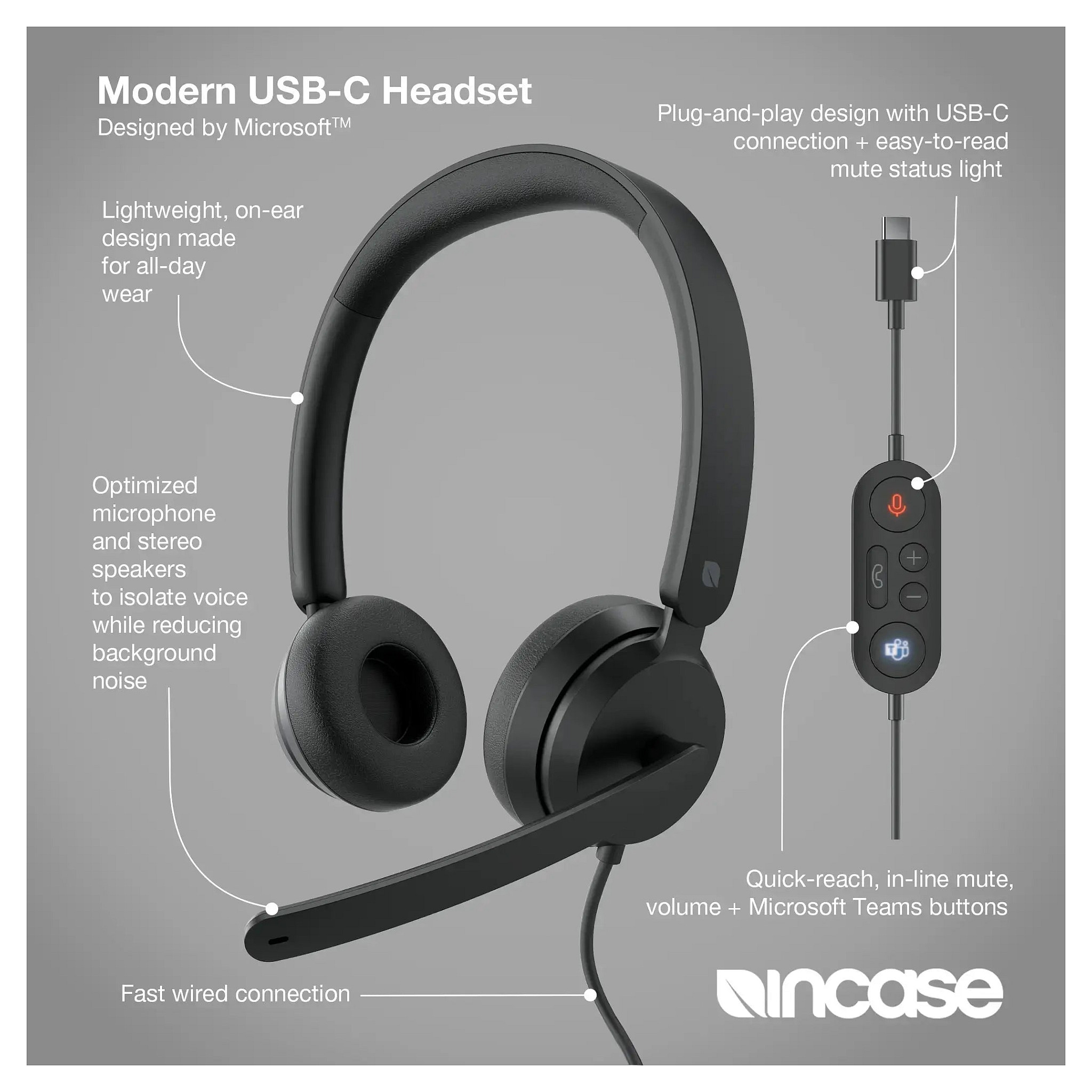 Kufje me kabllo Incase Designed by Microsoft Modern USB-C Headset / Stereo On-Ear / USB-C / Mikrofon me reduktim zhurme / Microsoft Teams – Zezë - 3