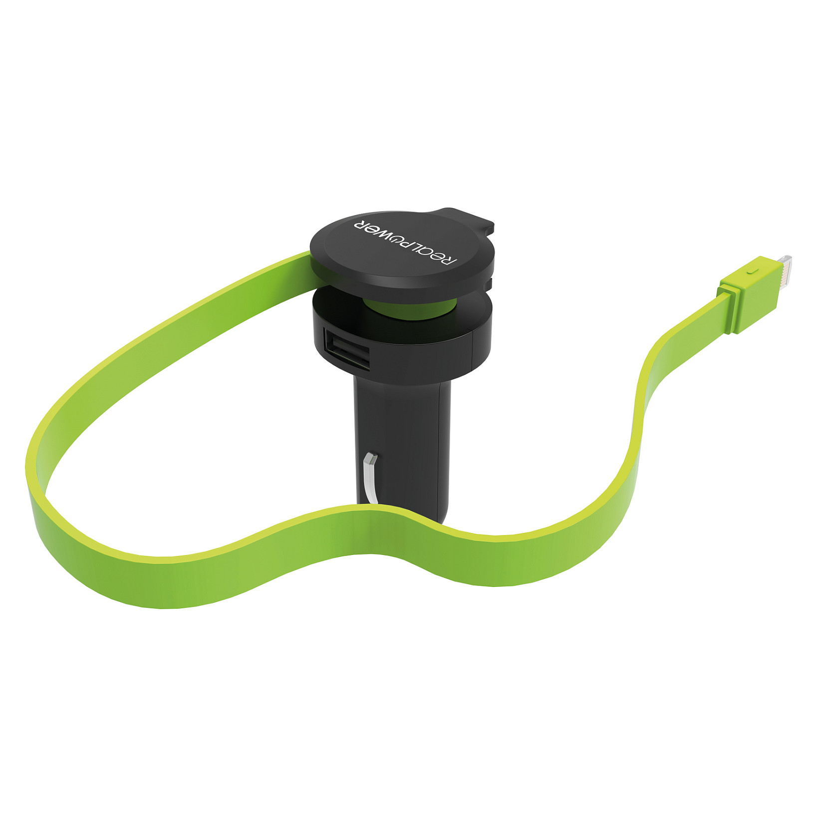 Adapter telefoni për veturë RealPower 257637 / USB-A + Lightning / 4.8A / Kabllo 0.58m – Zezë/Gjelbër