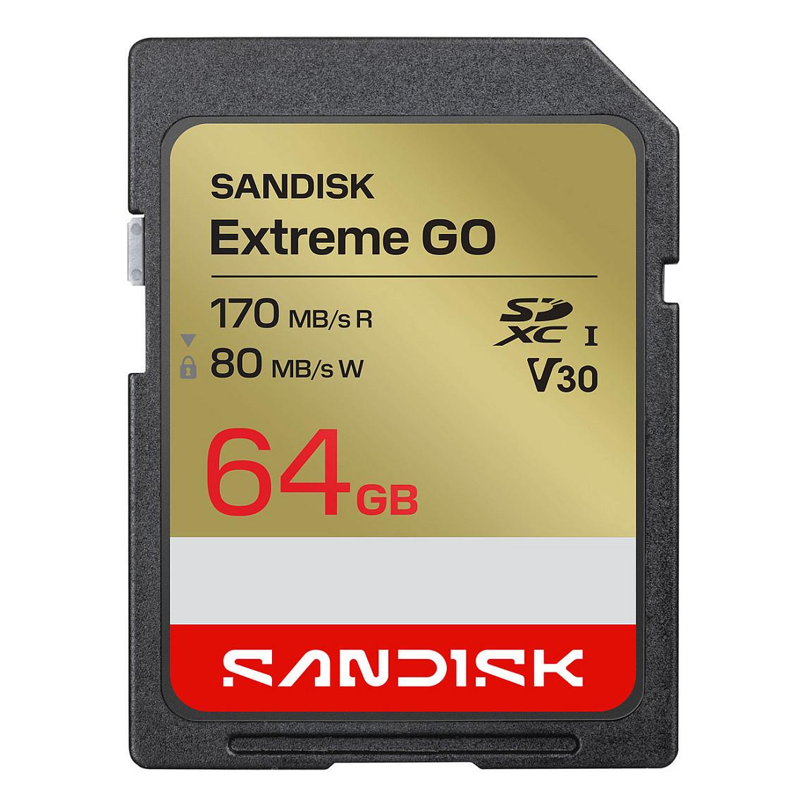 Kartë Memorie SD SanDisk Extreme GO, 64GB, SDXC, UHS-I, U3, V30, 170MB/s Read, 80MB/s Write