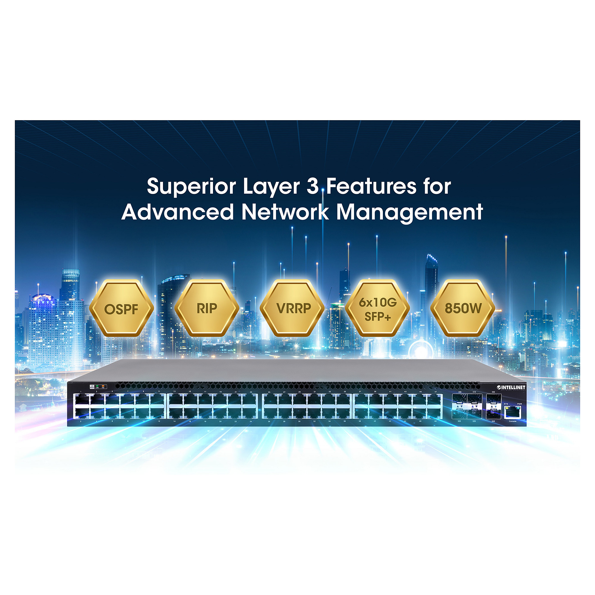 Switch INTELLINET / Managed / PoE+ / 48x Gigabit + 6x 10GbE / 850W - 9