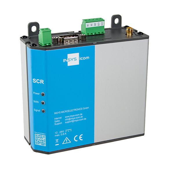 INSYS icom, SCR-L300, Ruter Industrial, 4G LTE Cat 1, deri në 10.2 Mbps, 2× Fast Ethernet, Mini-SIM, RS-232, 2× DI + 2× DO, VPN, Montim në DIN-Rail – Hiri/Blu