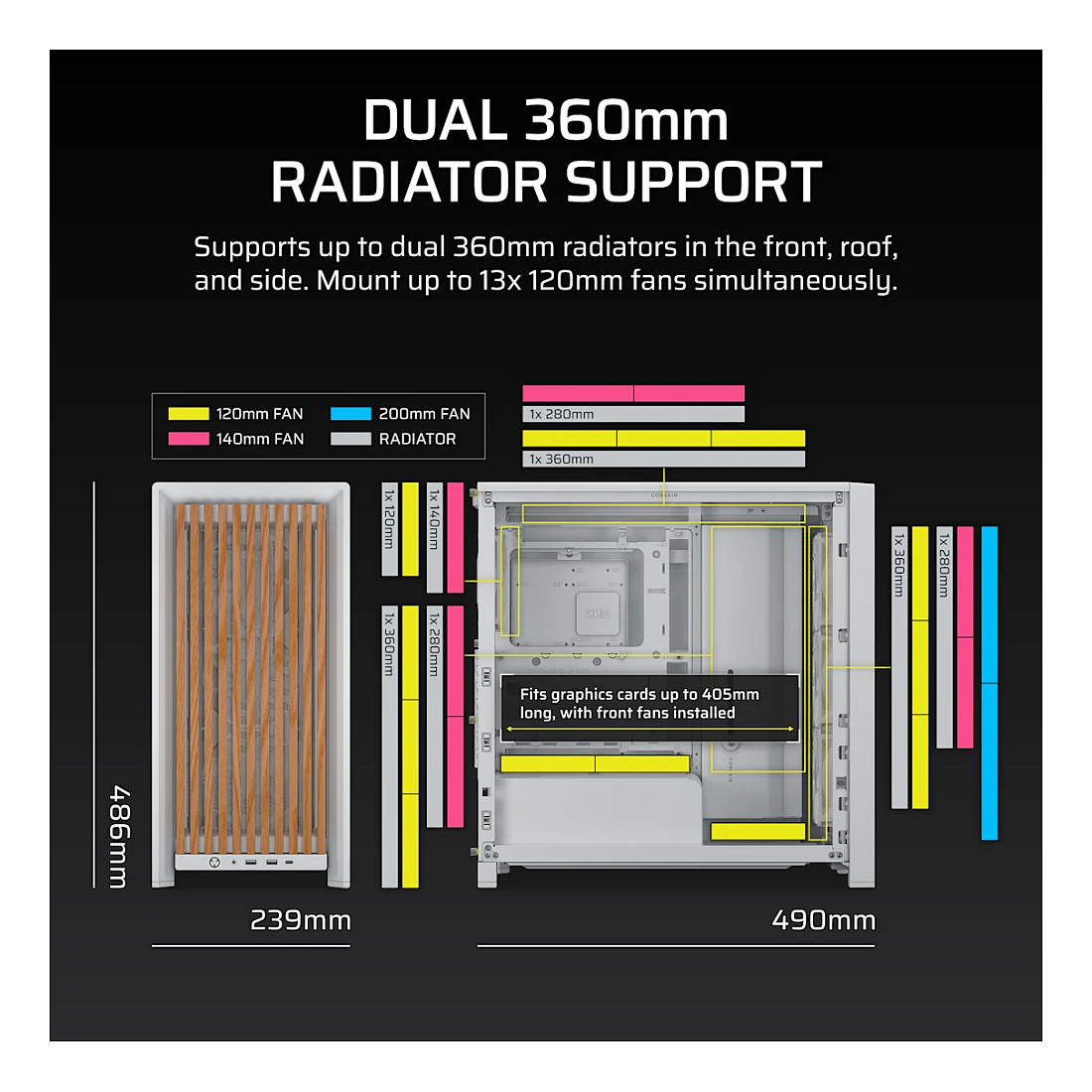 Kasë PC Corsair FRAME 4000D WOOD RS / Mid Tower / E-ATX / 3x 120mm + 1x 120mm RS Fan / Tempered Glass / Wood / 360mm Radiator - Bardhë/Wood - 8