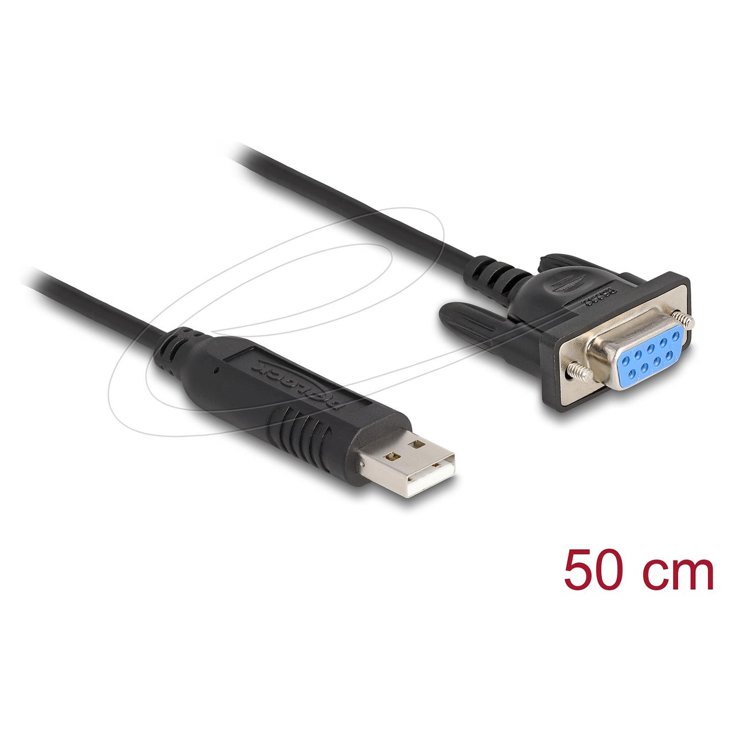 Adapter DeLOCK 67381, USB 2.0 Type-A mashkull në Serial RS-232 DB9 femër, 0.5 m - Zezë - 1