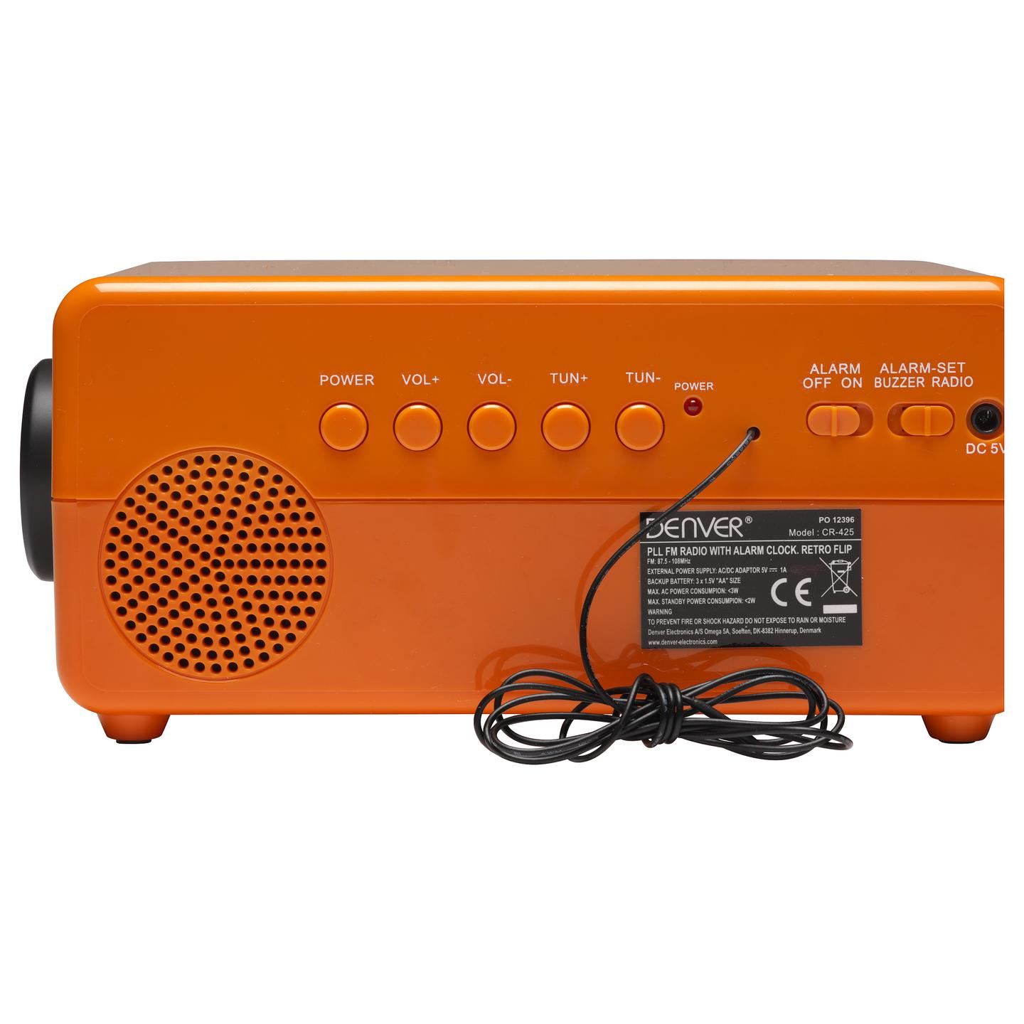 Radio me orë dhe alarm Denver CR-425, FM PLL, ekran me shifra retro, zgjim me radio ose sinjal zanor, bateri rezervë AA - Portokalli - 5