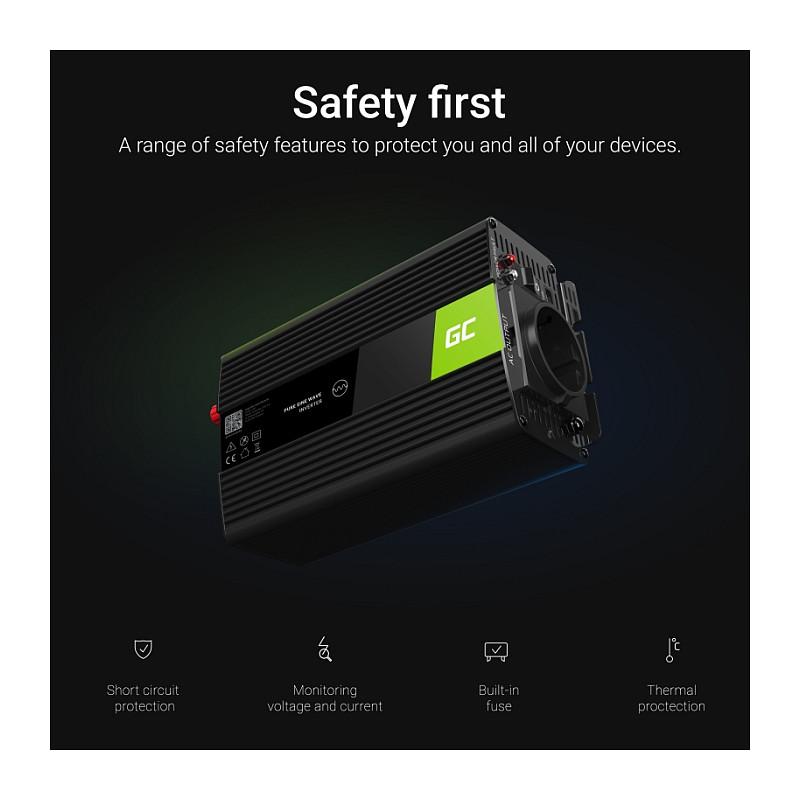 Inverter Green Cell INV08, 12 V në 230 V, 1000 W / 2000 W, Sinusoidë e Modifikuar, USB – Zezë - 4