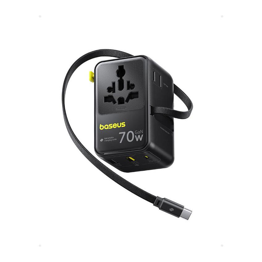 Adapter Udhëtimi Baseus EnerCore CG11 / 70W / GaN / 2x USB-C / 2x USB-A / Retractable USB-C  70W / Type A, C, G & I / 6-Port / Universal – Zezë