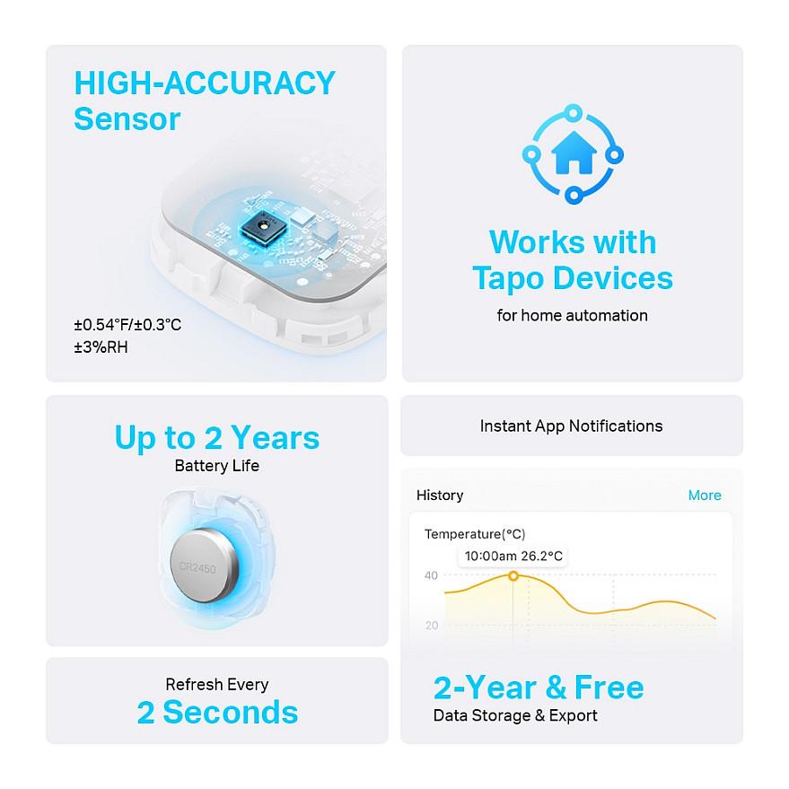 Sensor Inteligjent TP-Link Tapo T310, Temperaturë dhe Lagështi, Wireless 868 MHz - Bardhë - 2