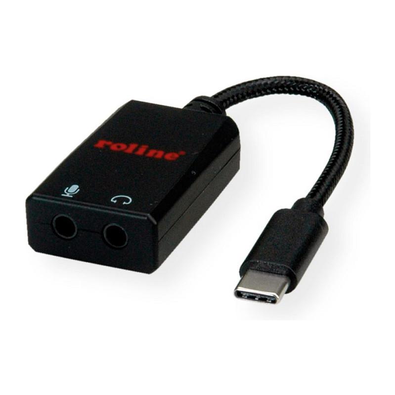 Adapter Audio ROLINE 12.03.3209 , USB-C Mashkull në 2x 3.5mm Femër , Kufje dhe Mikrofon , 13cm - Zezë