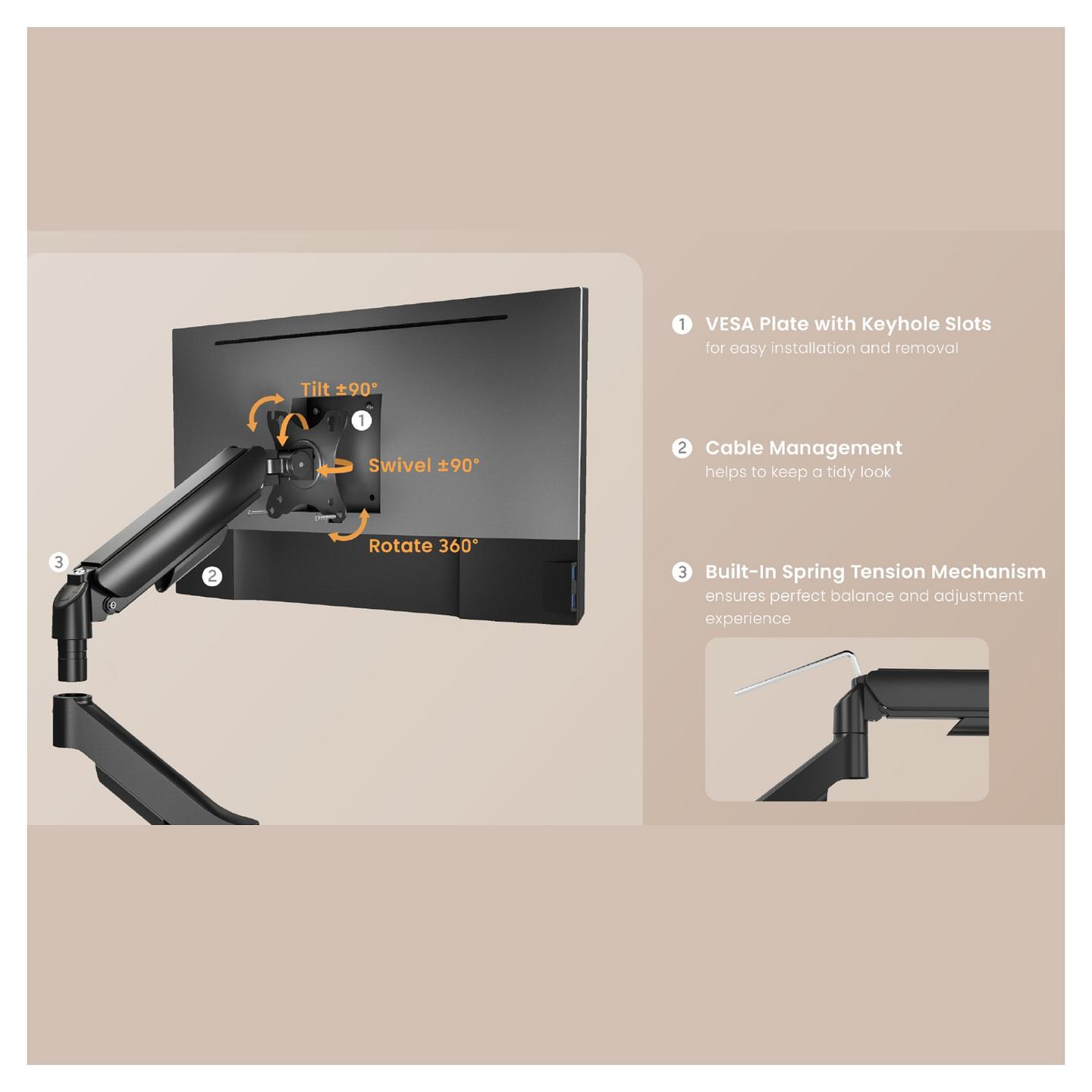 Mbajtëse për Monitor Equip 650130 / 1 Monitor / 17–32" / deri 9kg / VESA 75x75 & 100x100 / Gas Spring / Rotacion 360° - Zezë - 6