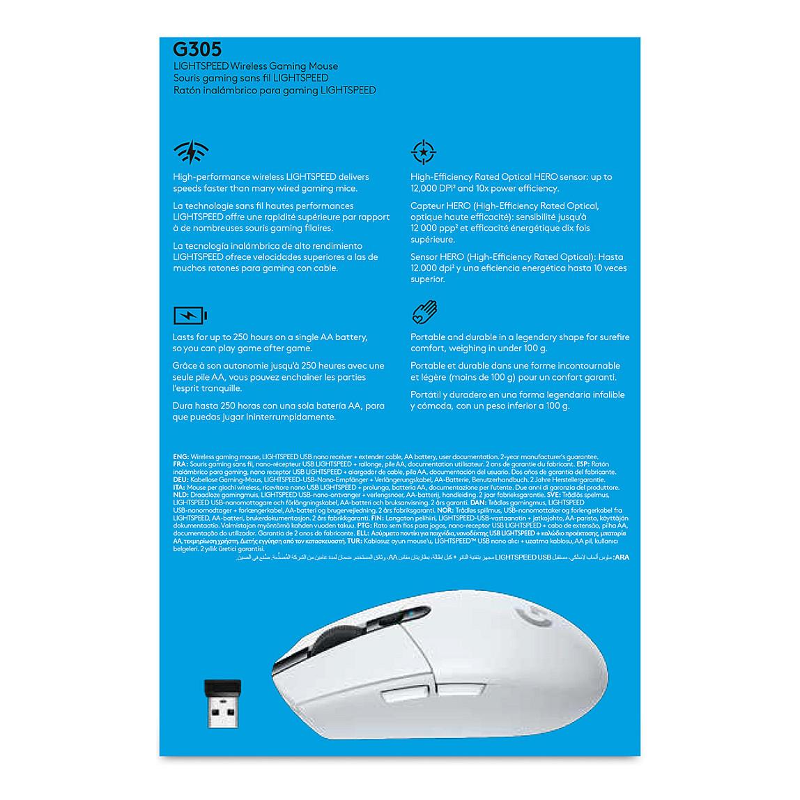 Maus Gaming Logitech G305 LIGHTSPEED / Wireless / HERO 200–12000 DPI / 6 Butona / USB Receiver - Bardhë - 10