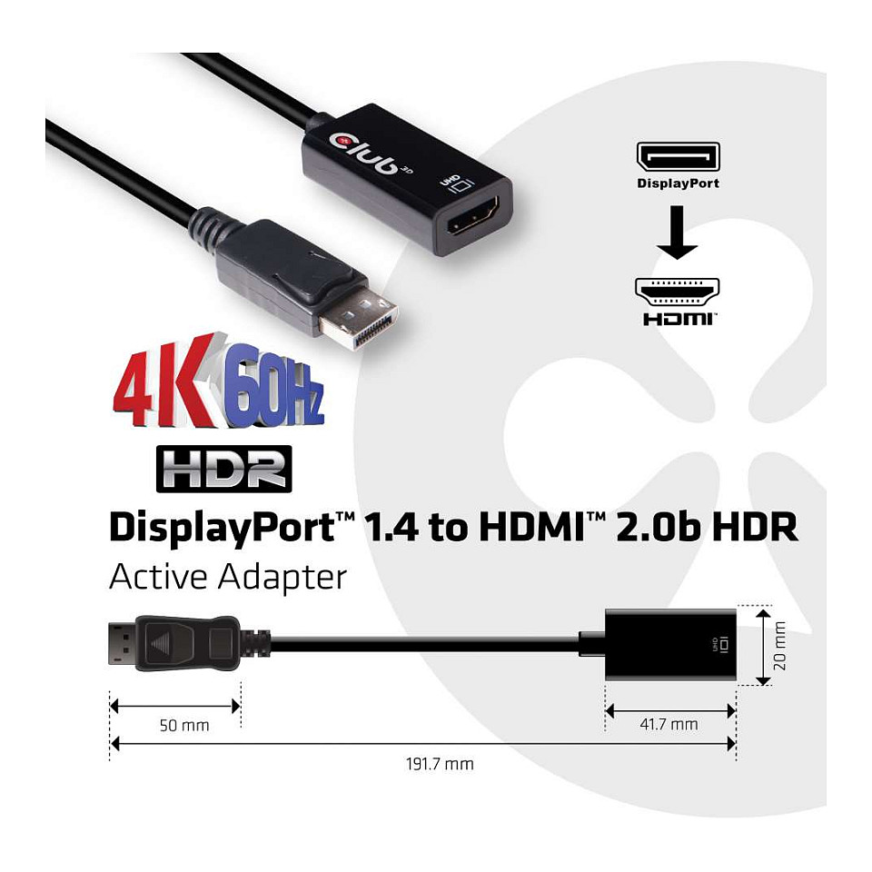 Adapter Displayport Club3D / HDMI 2.0b / HDR / 4K60Hz / Aktiv - 3