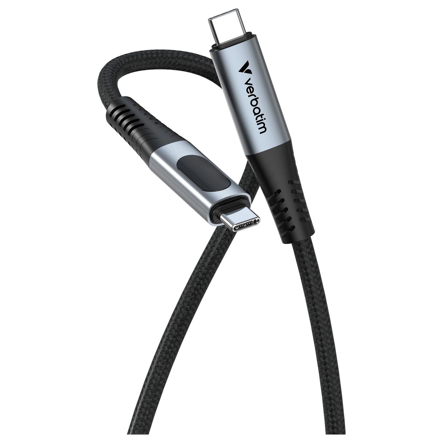 Kabllo USB Verbatim 31849, USB-C në USB-C, 120 cm, USB4, 240W, 40 Gbps, Power Delivery 3.1, Ekran LED – Zezë/Argjend