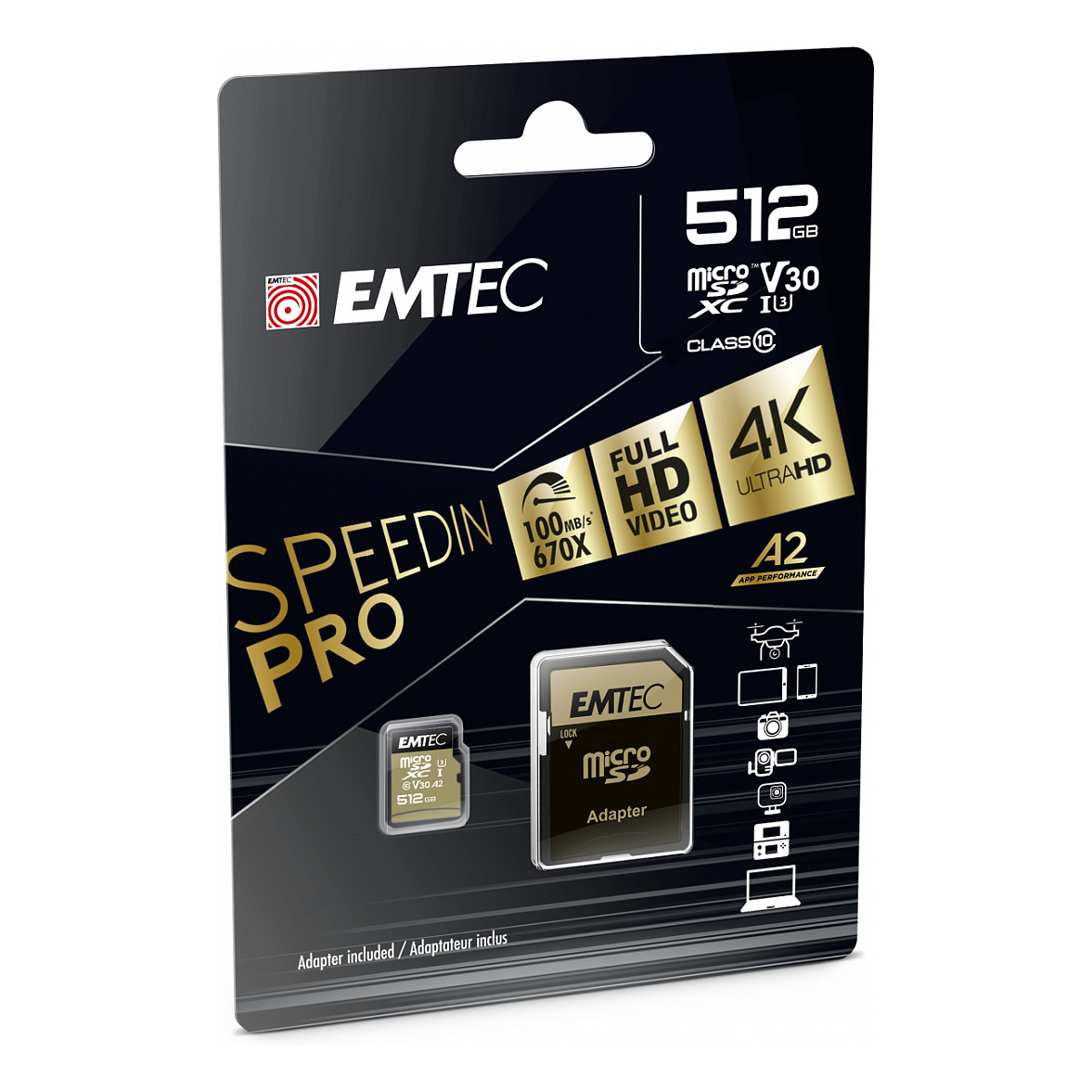 Kartë Memorie SD Emtec SpeedIN PRO / ECMSDM512GXC10SP / 512GB / microSDXC / UHS-I U3 / Class 10 / V30 / A2 / 100MB/s - Zezë/Ari - 2