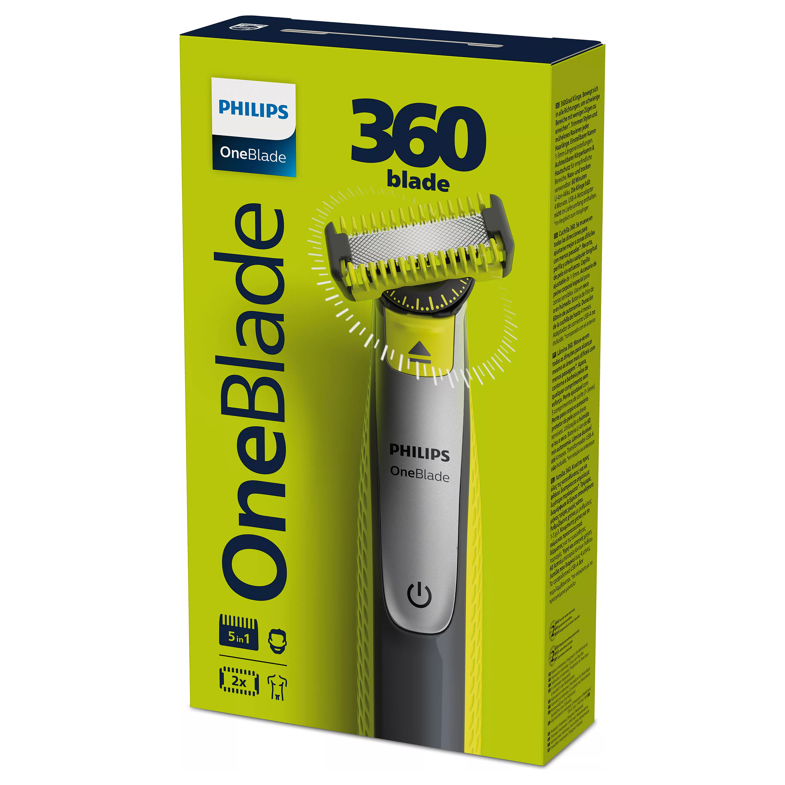 Makinë e rrojës Philips OneBlade 360 QP2834/23 / Face & Body / 360 Blade / 12.000 lëvizje/min / 1–5mm / Wet & Dry / 60min – Gjelbër/Argjend/Zezë - 2