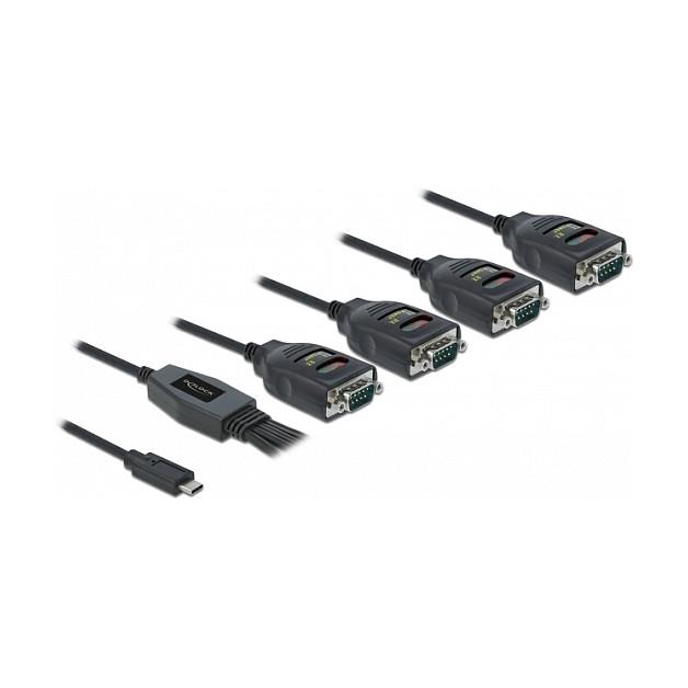 Adapter Delock 90495, USB-C në 4x Serial RS-232 DB9, deri 460.8 Kbps, 63 cm - Zezë