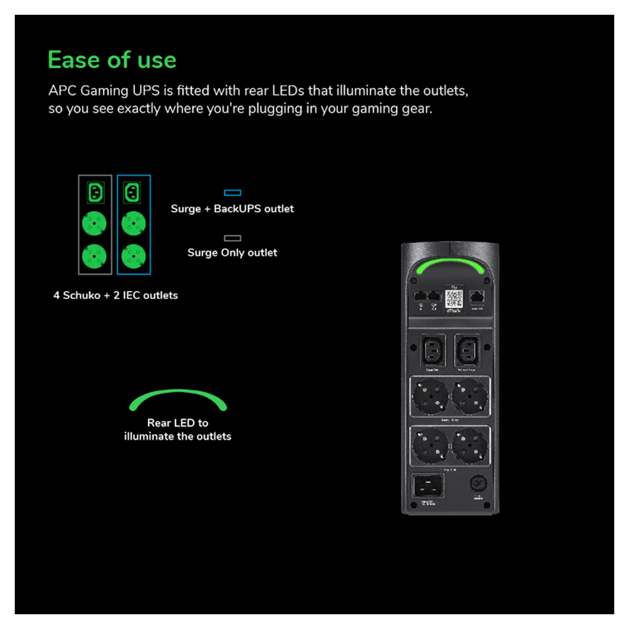 APC Back-UPS Pro BGM2200B-GR – 2200VA / 1320W Line-Interactive UPS me AVR, Pure Sine Wave, RGB Lighting, USB dhe Schuko + IEC Outlets – Zezë - 16