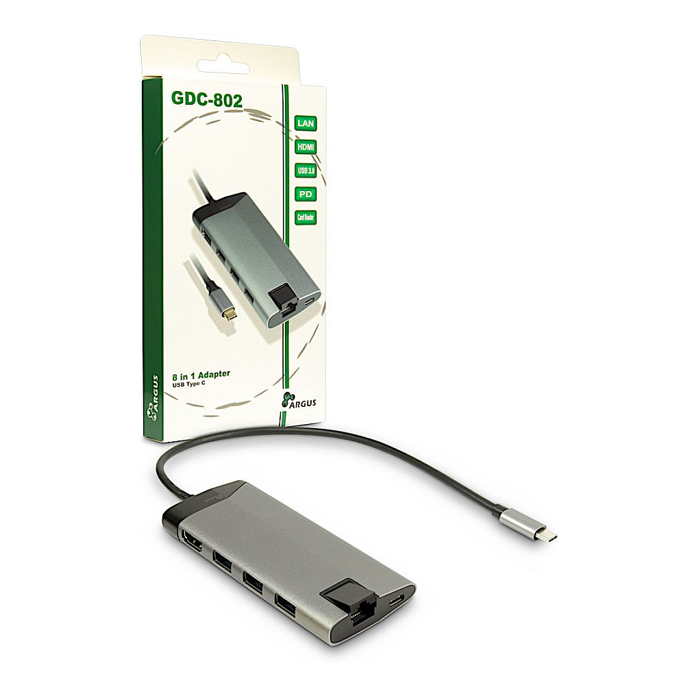 Docking Station Inter-Tech Argus GDC-802 / USB-C 3.2 Gen 1 / HDMI 4K 30Hz / 3x USB-A 3.0 / Gigabit Ethernet / SD & MicroSD / USB-C PD 100W – Argjend - 4