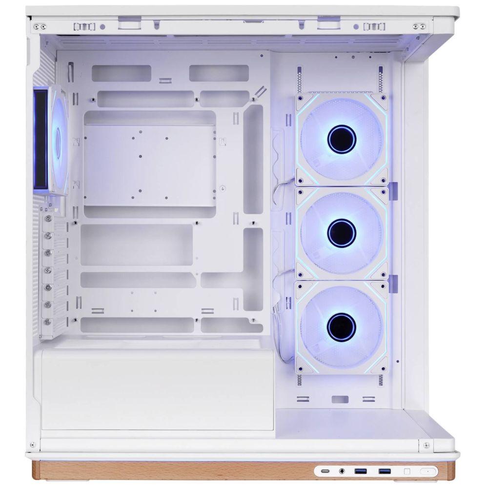 Kasë Thermaltake Stage 500 TG ARGB Snow, Midi Tower, ATX, Micro-ATX, Mini-ITX, xham panoramik i temperuar, 4x ventilatorë 120 mm ARGB, USB-C Gen 2 - Bardhë