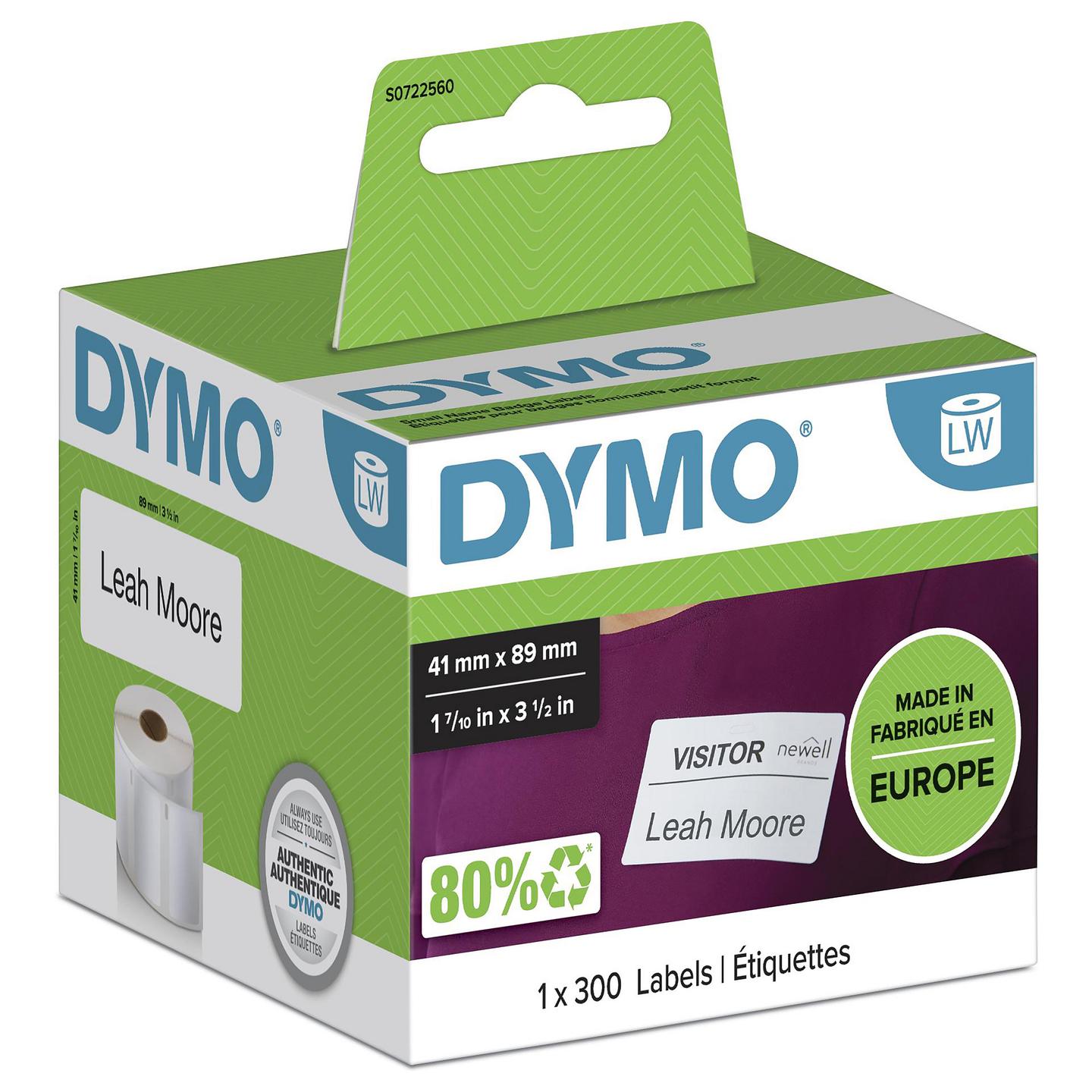 Etiketa për Emra DYMO LabelWriter S0722560, 41 × 89 mm, 300 Copë, Letër e Bardhë, Ngjitëse të Heqshme - Bardhë