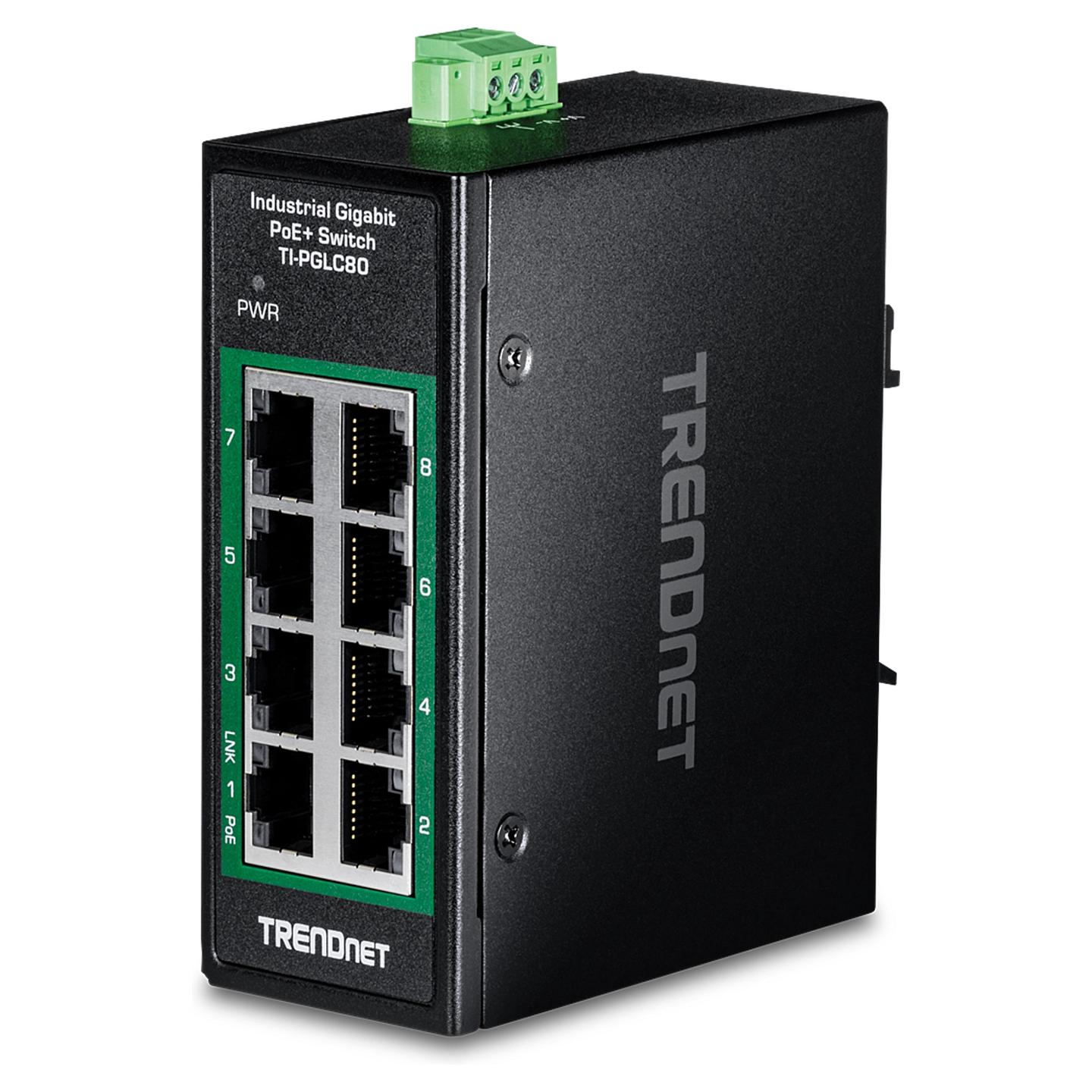 Switch Industrial TRENDnet TI-PGLC80, 8 porta Gigabit Ethernet PoE+, PoE 200W, Unmanaged, Switching Capacity 16Gbps, IP30, DIN-Rail - Zezë