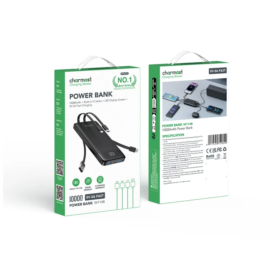 Powerbank CHARMAST W1148 / 10000mAh / 5V 3A / USB-A / USB-C / Apple 8-Pin / Micro-USB / LED Display - Zezë - 4