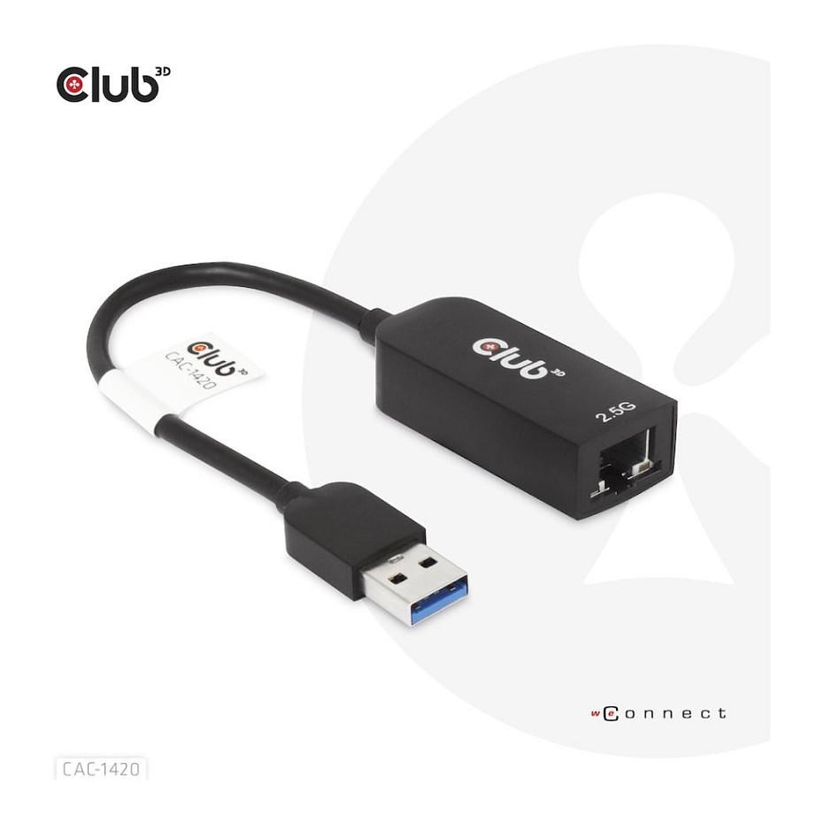 Adapter USB Club 3D CAC-1420 / USB-A në Gigabit Ethernet / RJ-45 / 2.5 Gbit/s / USB 3.2 Gen 1 - Zezë