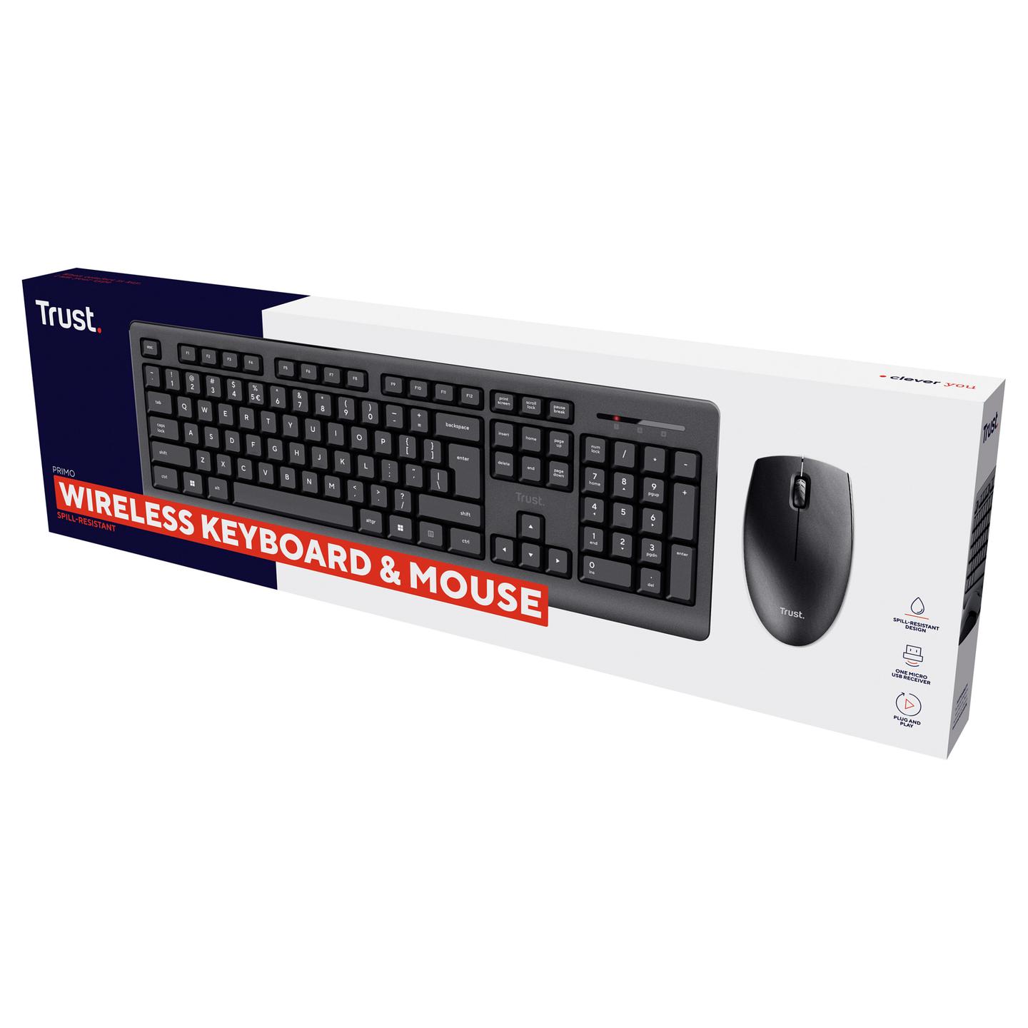 Combo (Tastierë & Maus) Trust Primo, Wireless, Full Size, QWERTZ Gjerman, Membrane, 1200 DPI - Zezë - 11