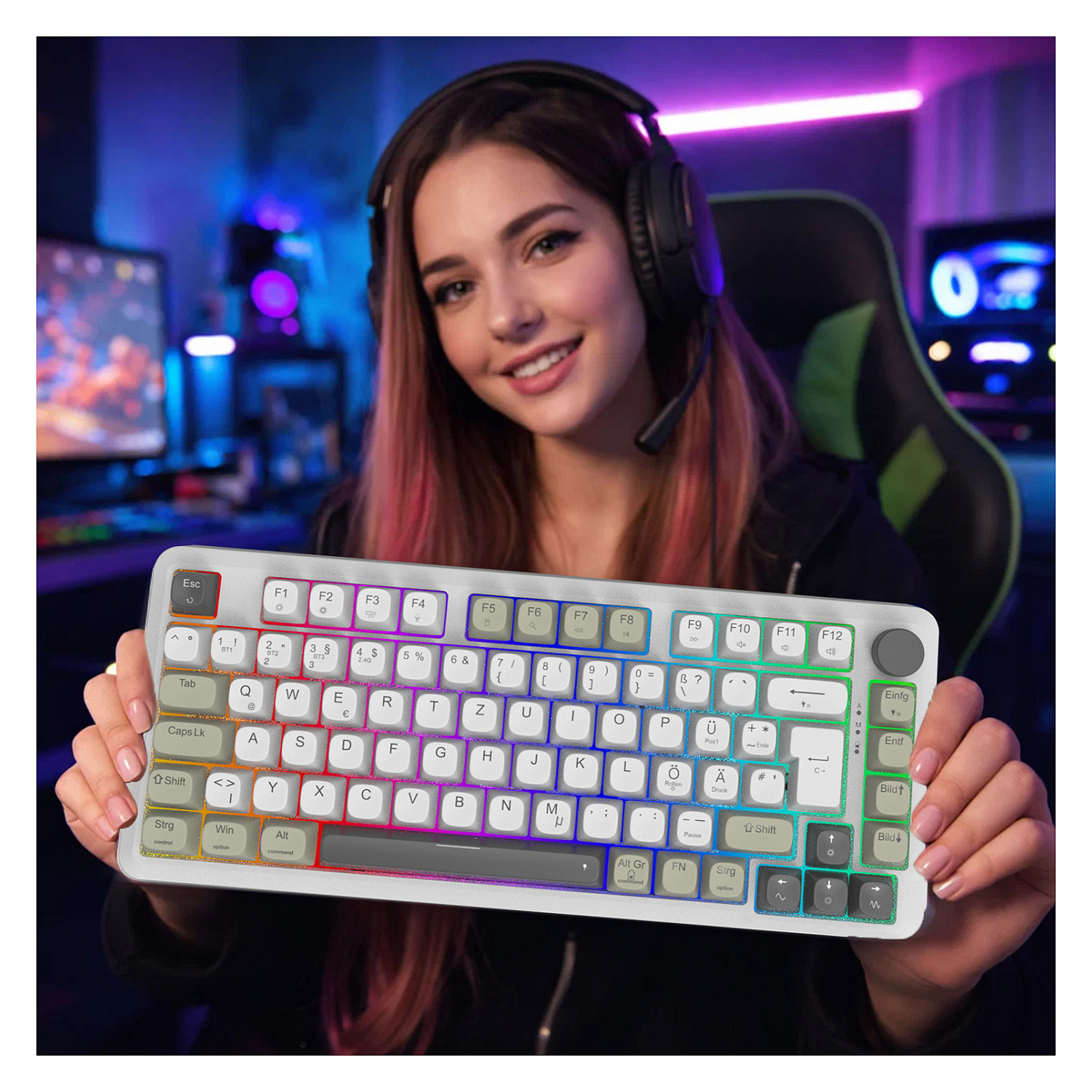 Tastierë Gaming Inca IKG-455 / Wired & Wireless / QWERTY / Mekanike / RGB LED / USB + RF Wireless + Bluetooth - Bardhë - 6