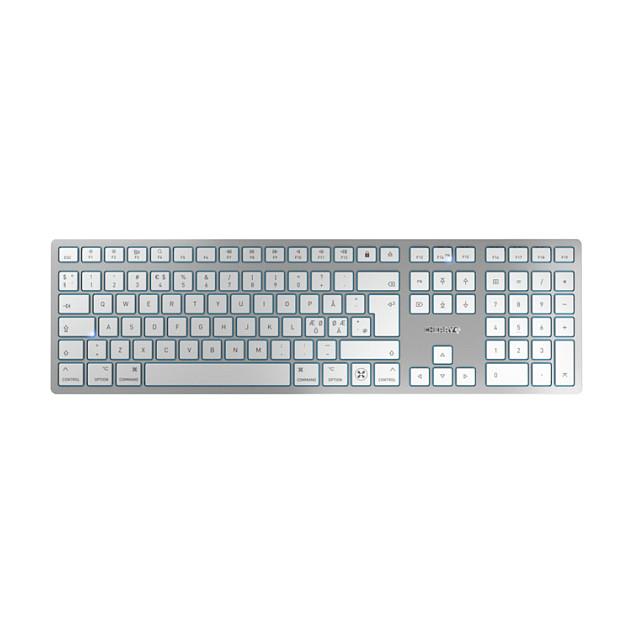 Tastierë pa kabllo CHERRY KW 9100 SLIM FOR MAC, Wireless, 2.4GHz + Bluetooth, GB Layout, 105 + 6 Taste, Mac - Argjend, Bardhë