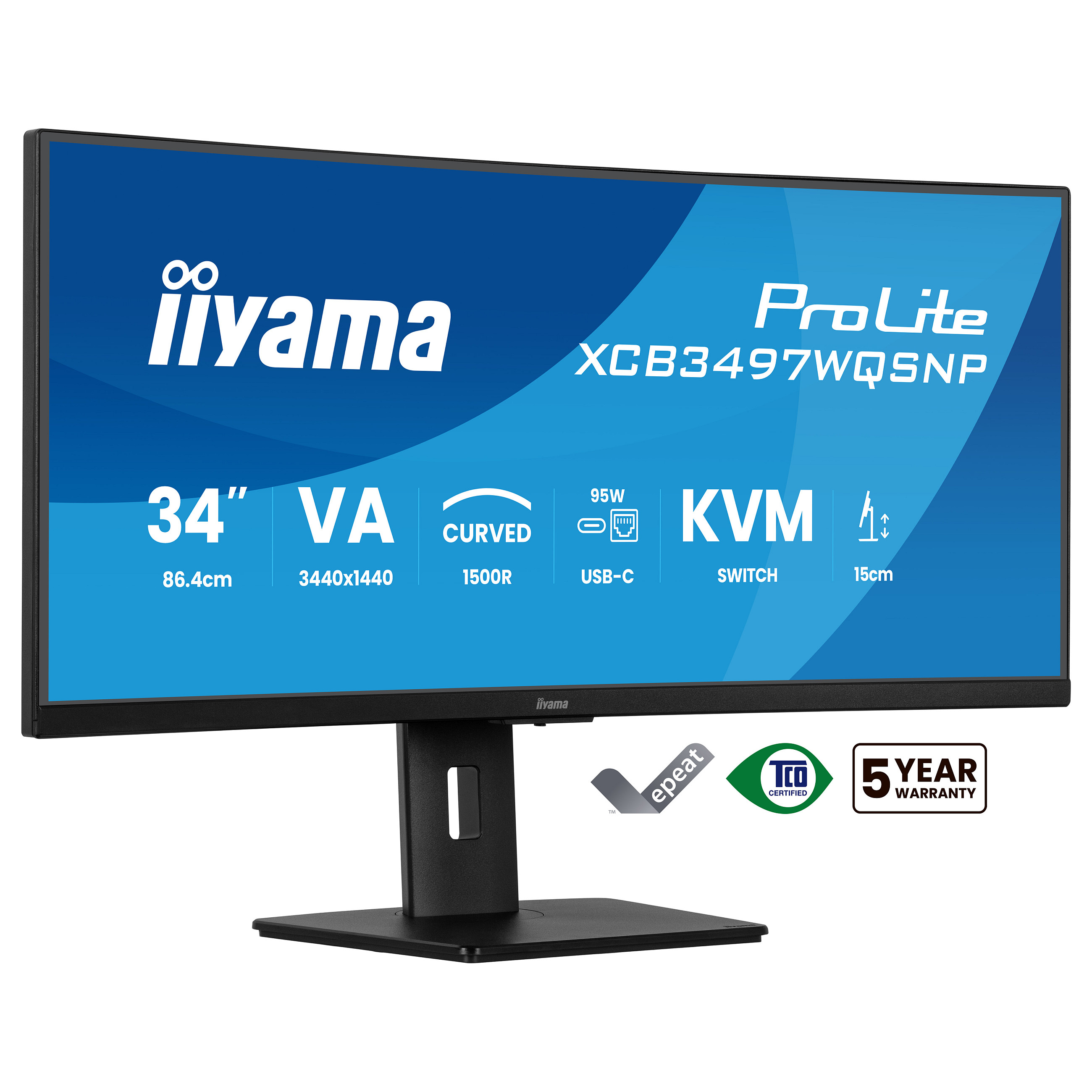 Monitor i lakuar iiyama ProLite XCB3497WQSNP-B1 / 34" UWQHD VA 0.4ms 120Hz / HDMI DP USB-C Speaker / e zezë - 1
