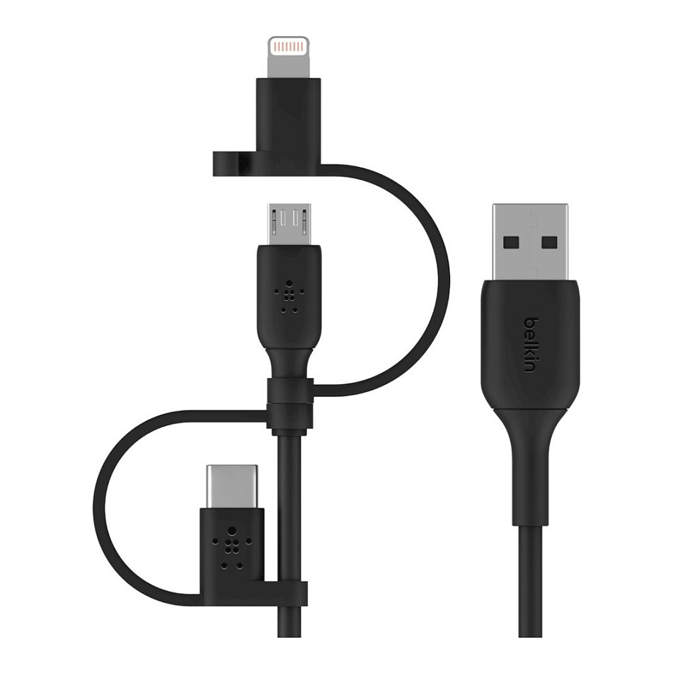 Kabllo USB Belkin BOOST CHARGE CAC001BT1MBK / USB-A në USB-C/Micro-USB/Lightning / 1m / USB 2.0 / MFi - Zezë