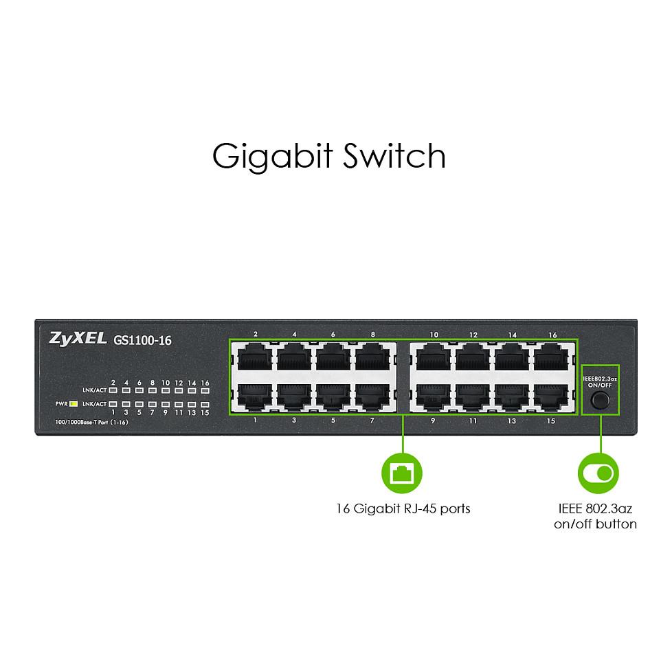 Switch Zyxel GS1100-16E, 16 porta Gigabit Ethernet, 10/100/1000 Mbps, Unmanaged, 32Gbps, pa ventilator - Zezë - 5