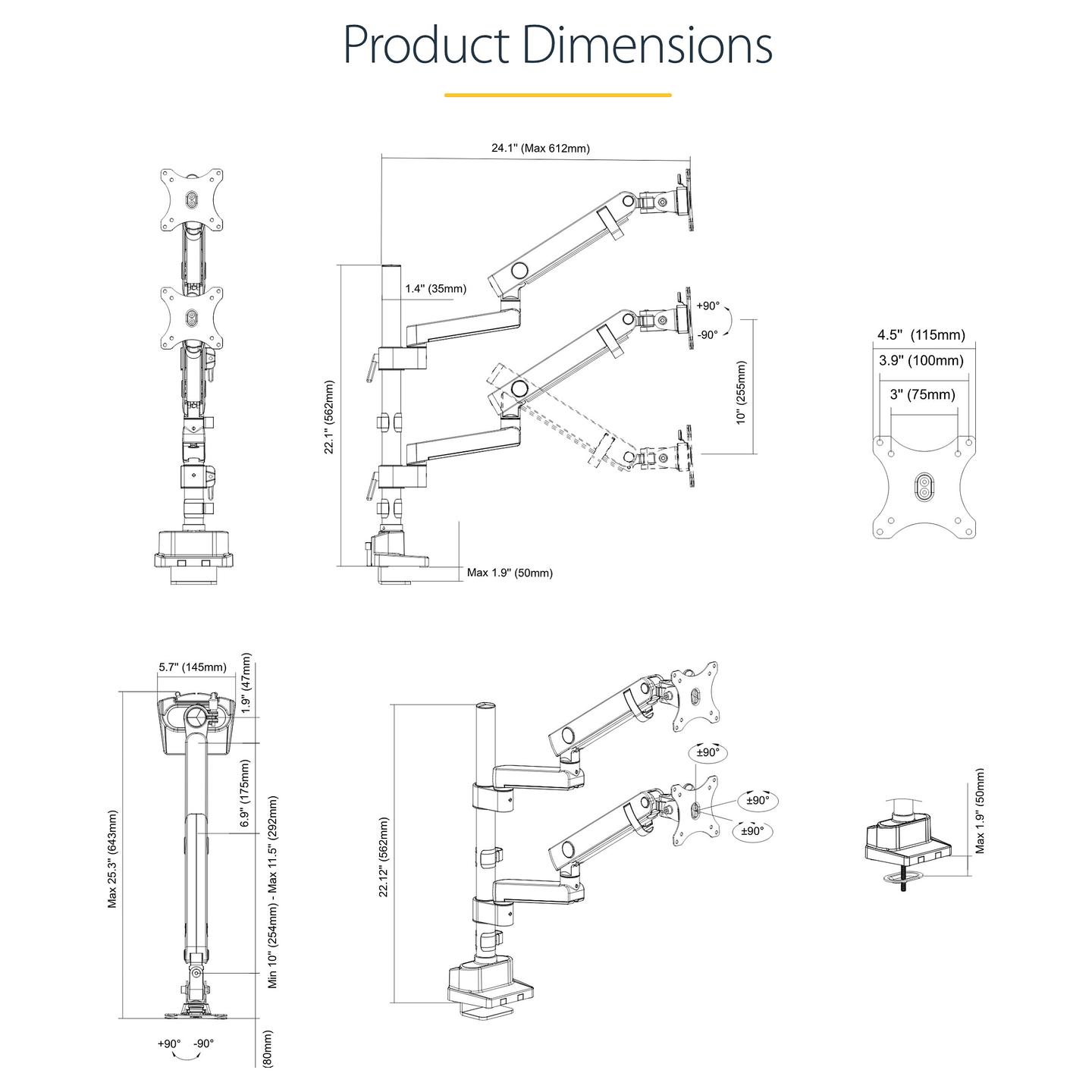 Mbajtëse për Monitor StarTech.com ARMDUALPIVOT, 2 Monitorë, deri 32", 16kg, VESA 75x75–100x100mm, Rregullim Lartësie, Pivot, Tilt - Black - 19