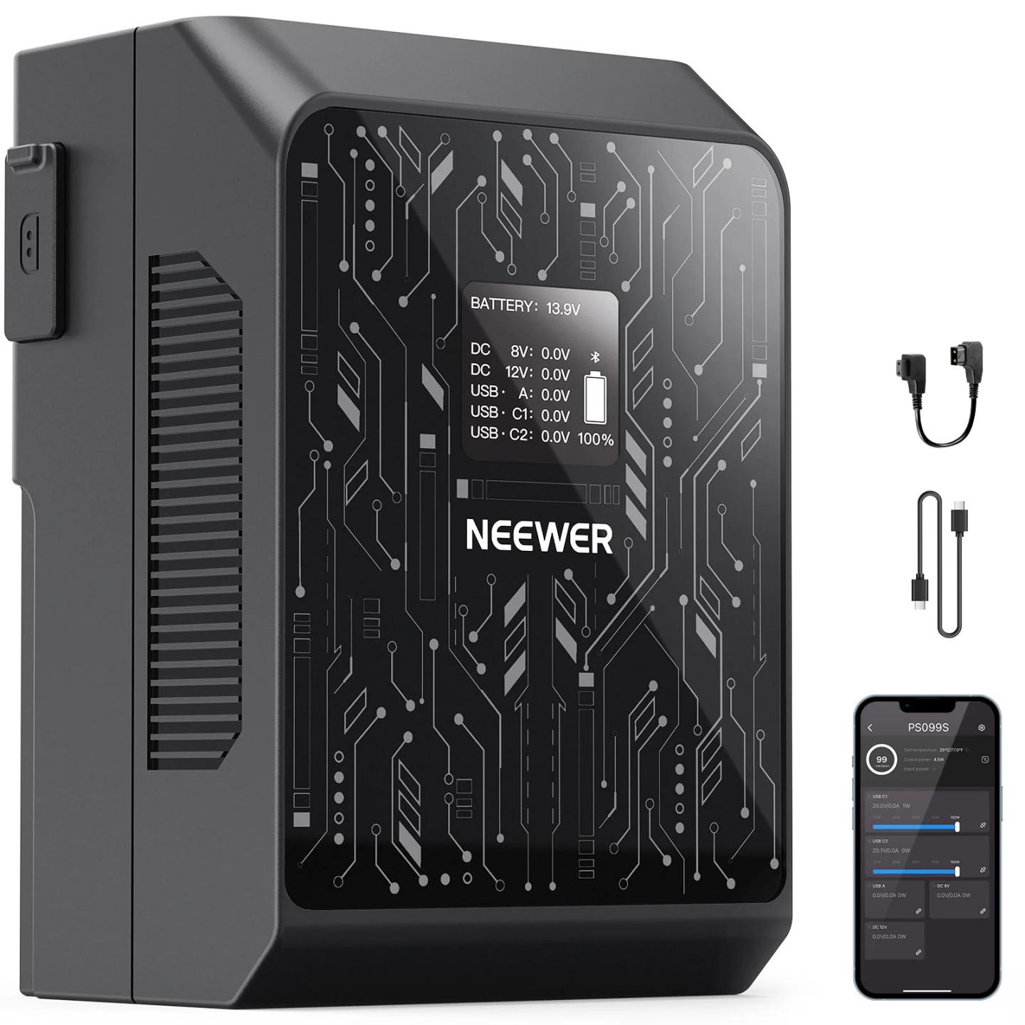 Bateri V-Mount për Kamerë Neewer PS099S, 6800mAh, 99Wh, 14.5V, 100W PD, D-Tap, USB-C, Kontroll me Aplikacion - Zezë - 1