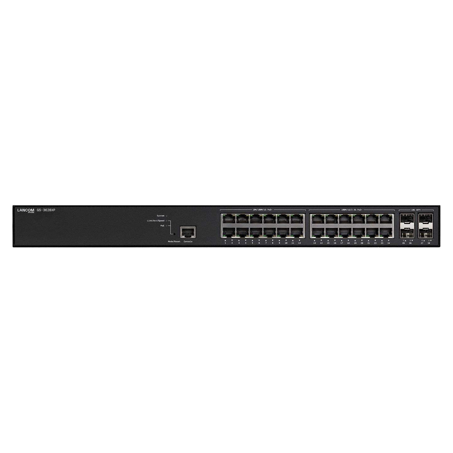 Switch LANCOM GS-3628XP, 12x 2.5G RJ45 PoE+, 12x Gigabit Ethernet RJ45 PoE+, 4x 10G SFP+, PoE 370W, 164Gbps, Layer 3 Lite, Rack 1U - Zezë