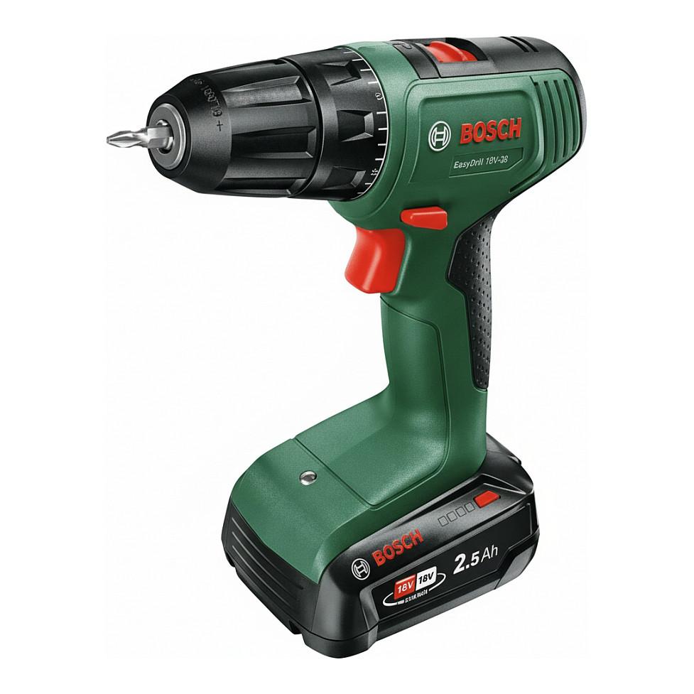 Shpuese me Bateri Bosch EasyDrill 18V-38, 18V, 38Nm, 10mm, 1 Bateri 2.5Ah, me Karikues dhe Valixhe - Gjelbër/Zezë